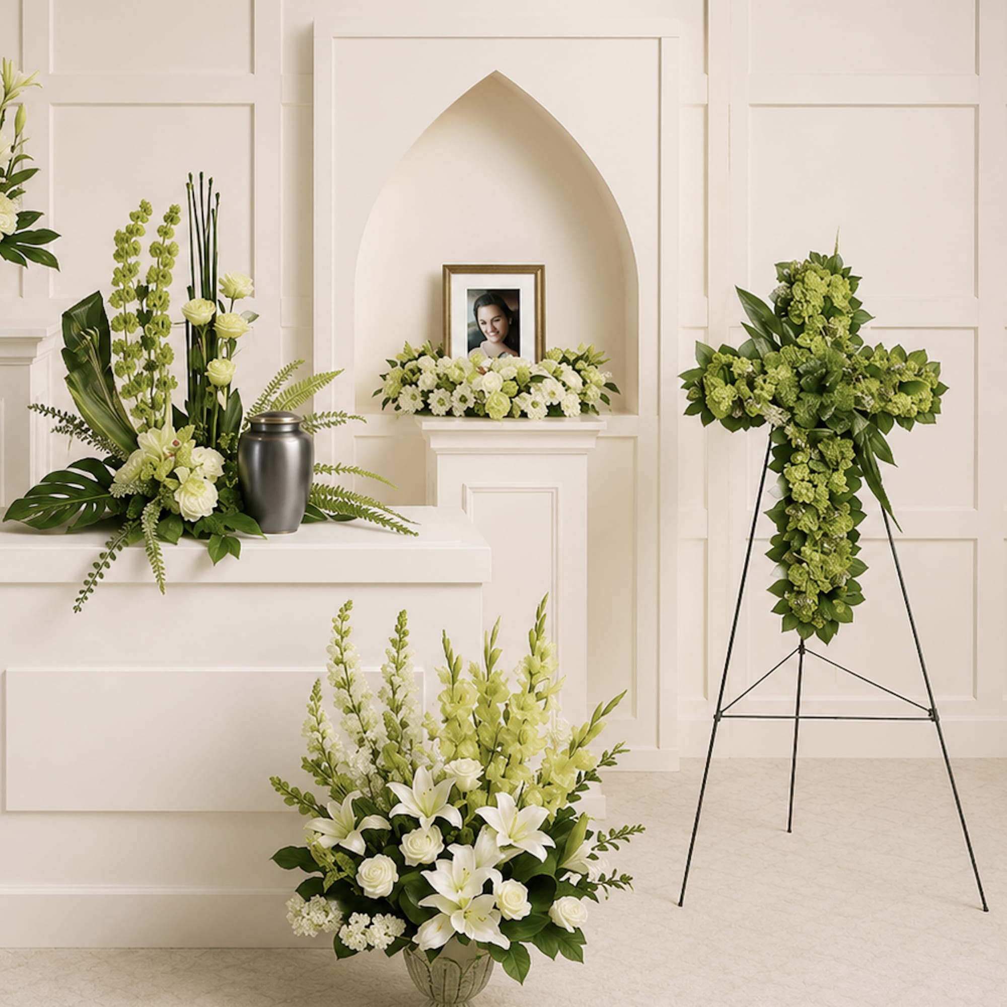 Calming white blooms and unique, sculptural greens give this collection of six