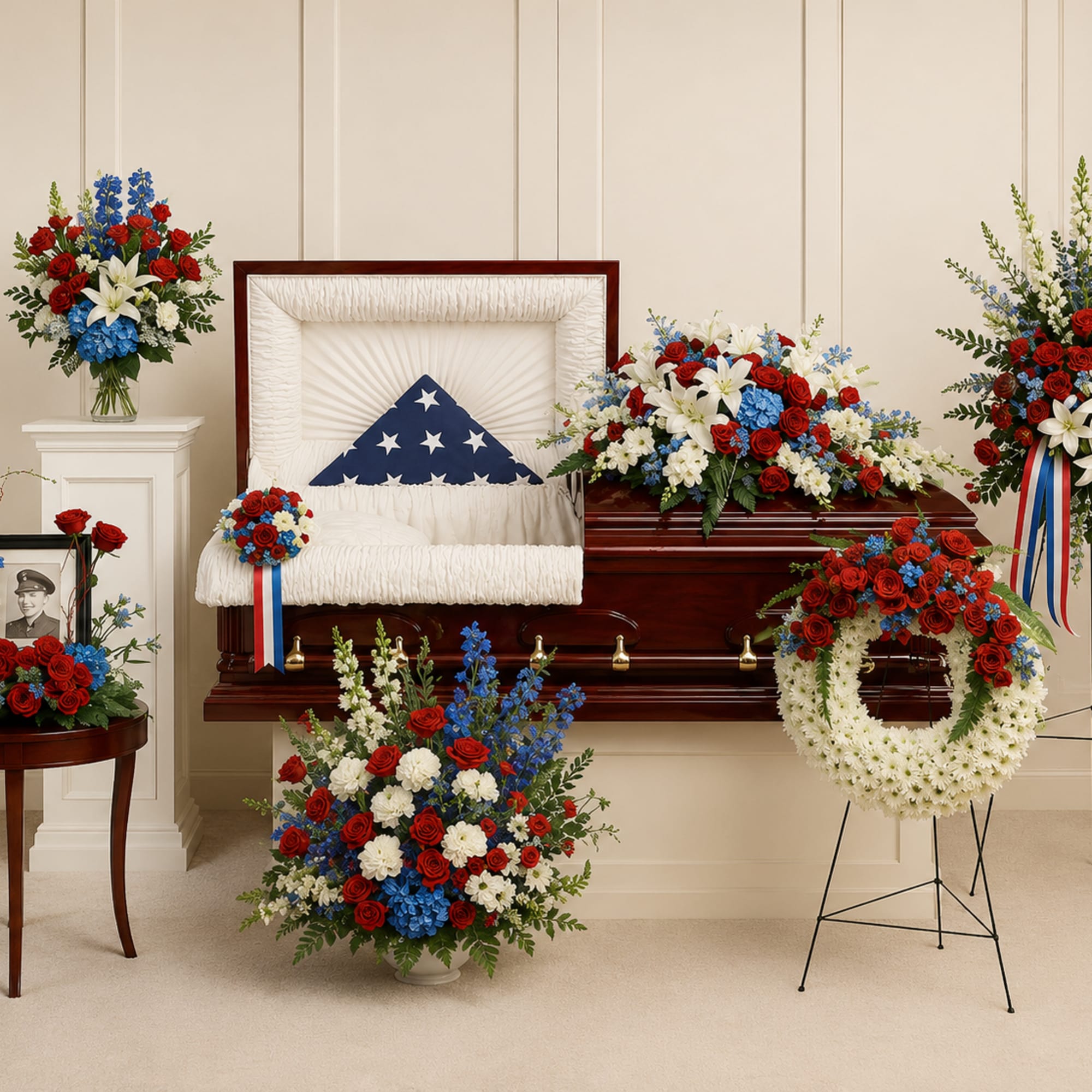 Proud and patriotic, this collection of seven hand-made sympathy pieces honors a