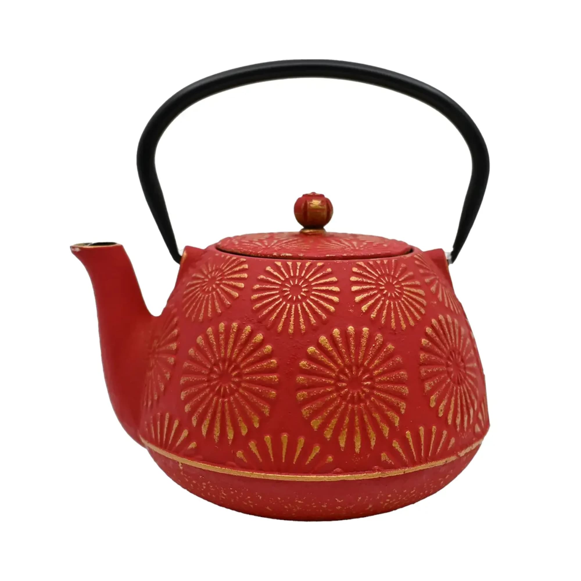 Red decorative teapot with gold floral pattern and black handle