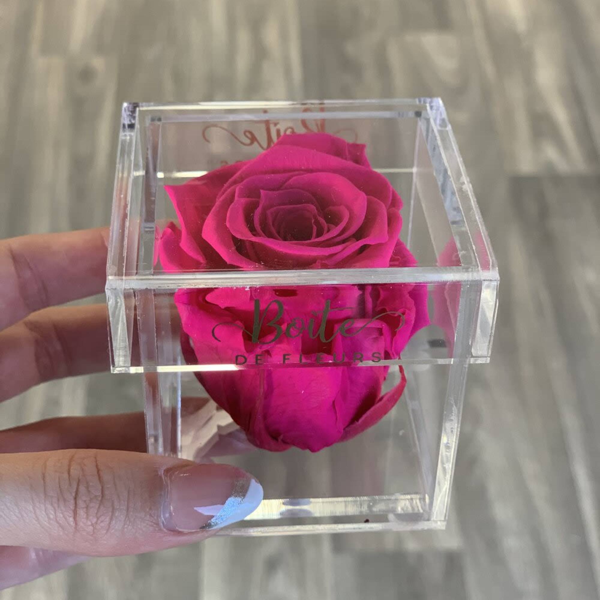 Bright pink rose in a clear acrylic box