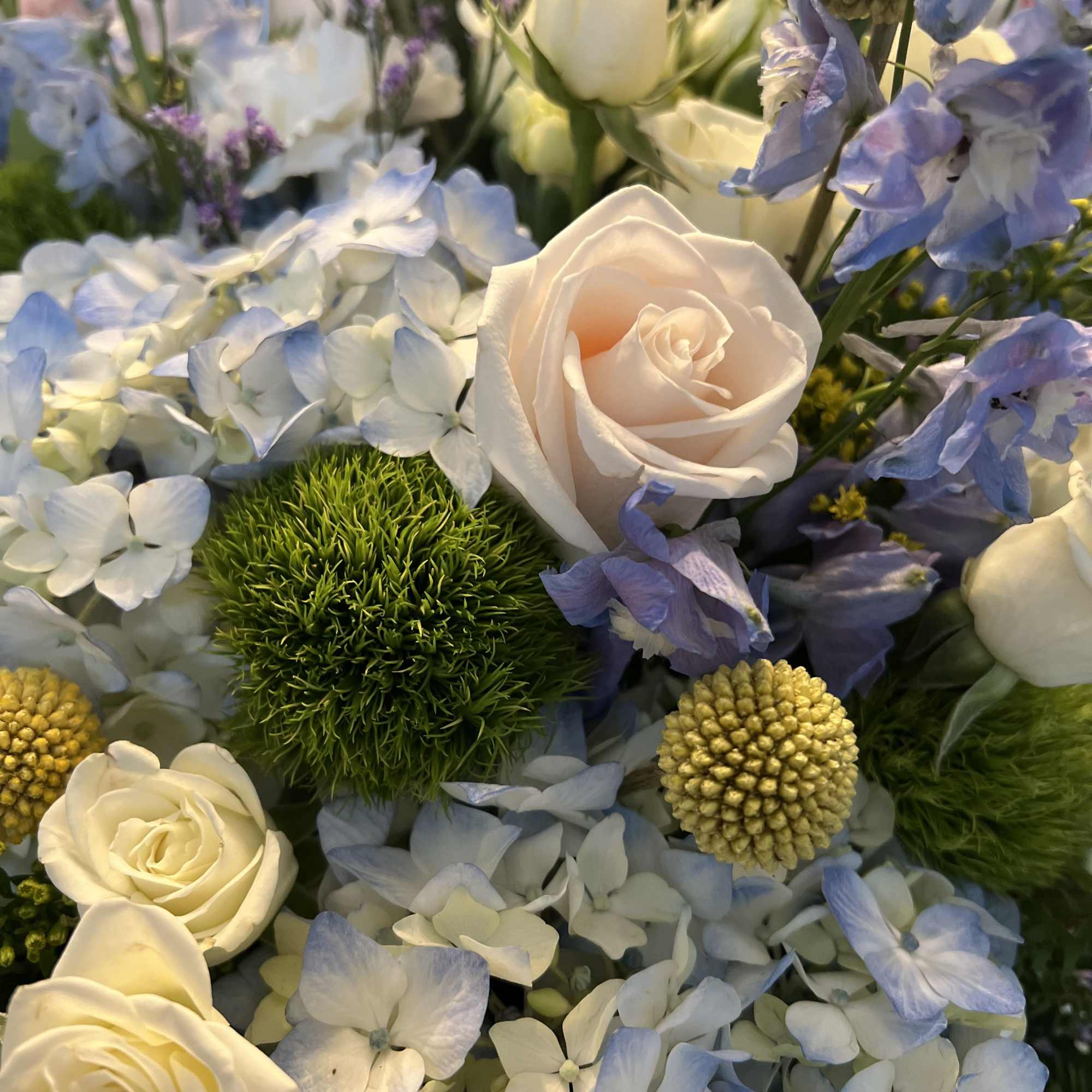 Bouquet of white roses and pale blue hydrangeas with green pom-pom accents
