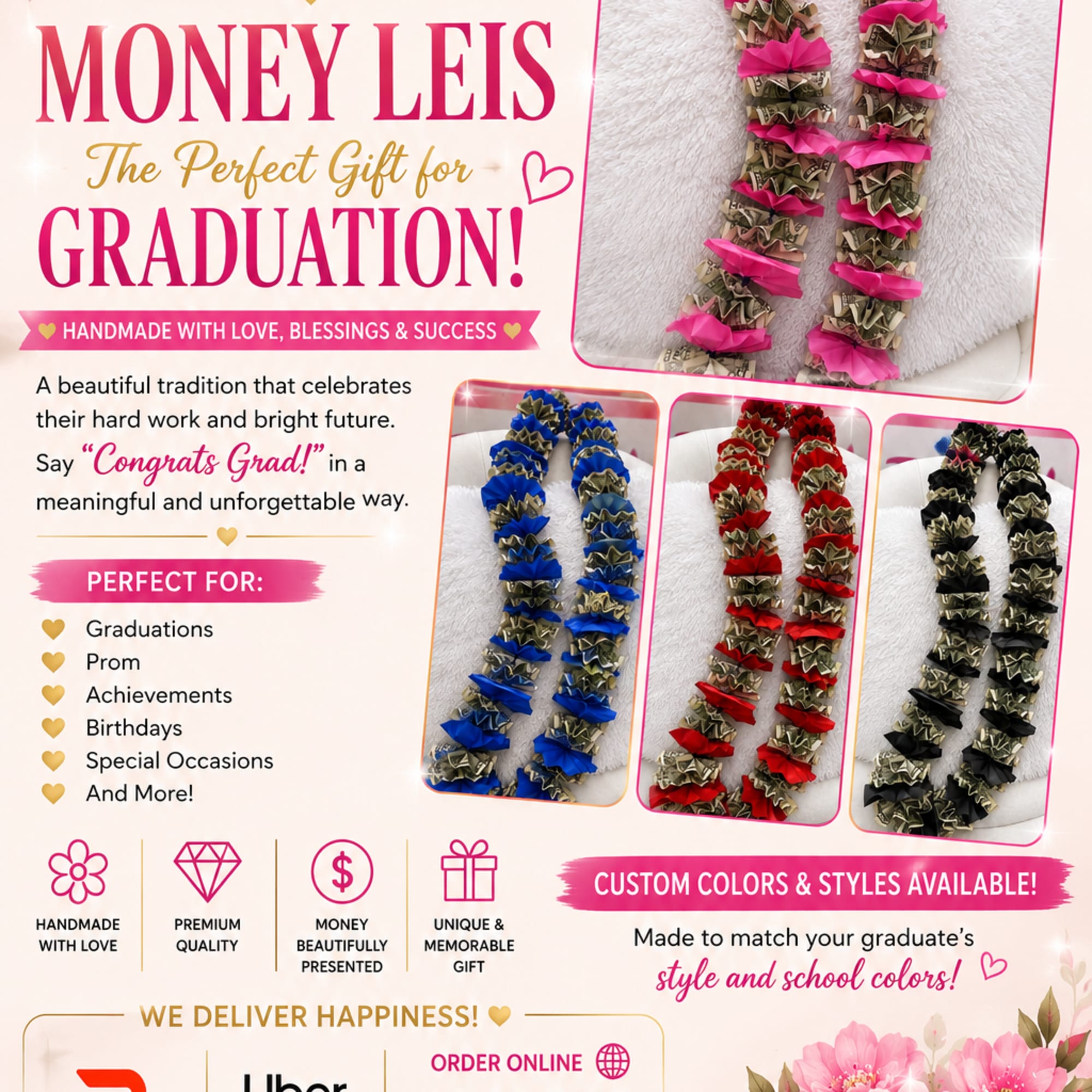 Poster for money leis with pink, blue, red, and black examples for graduation