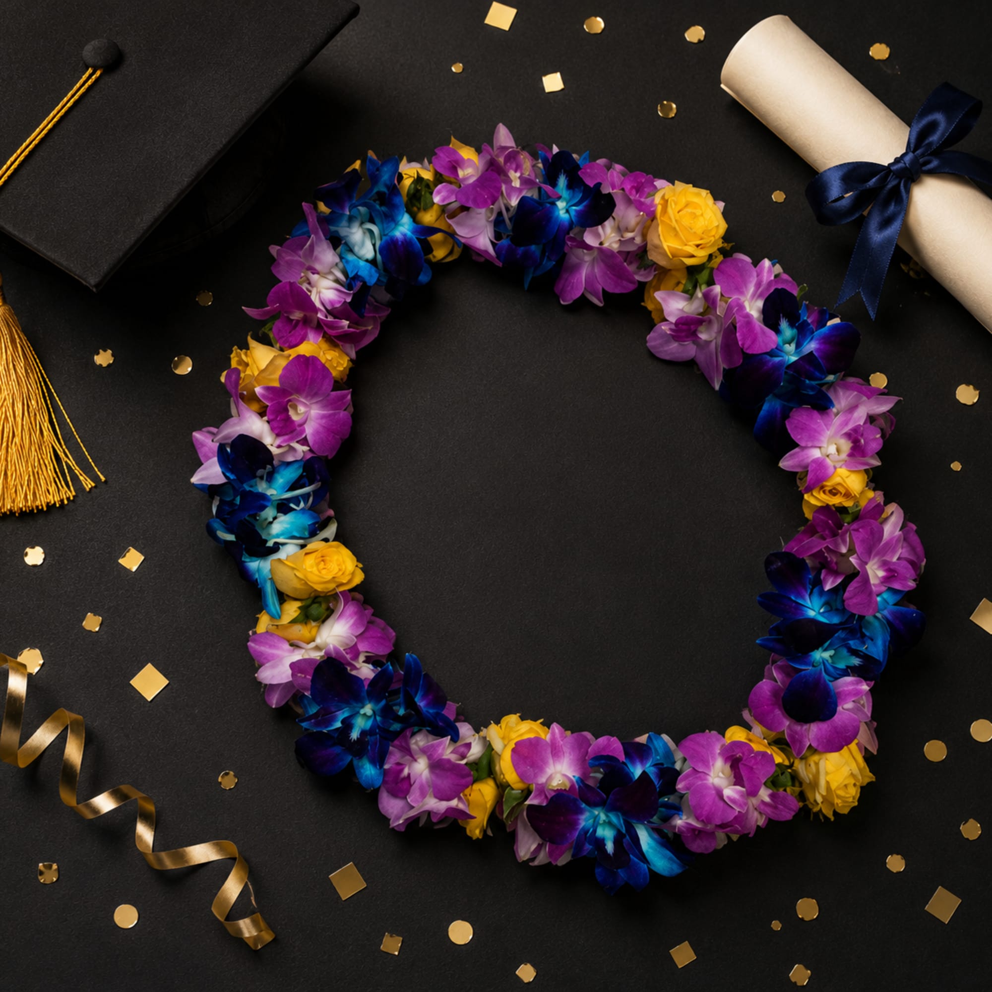 This lei made with blue and Lavender dendrobium orchid and yellow spray