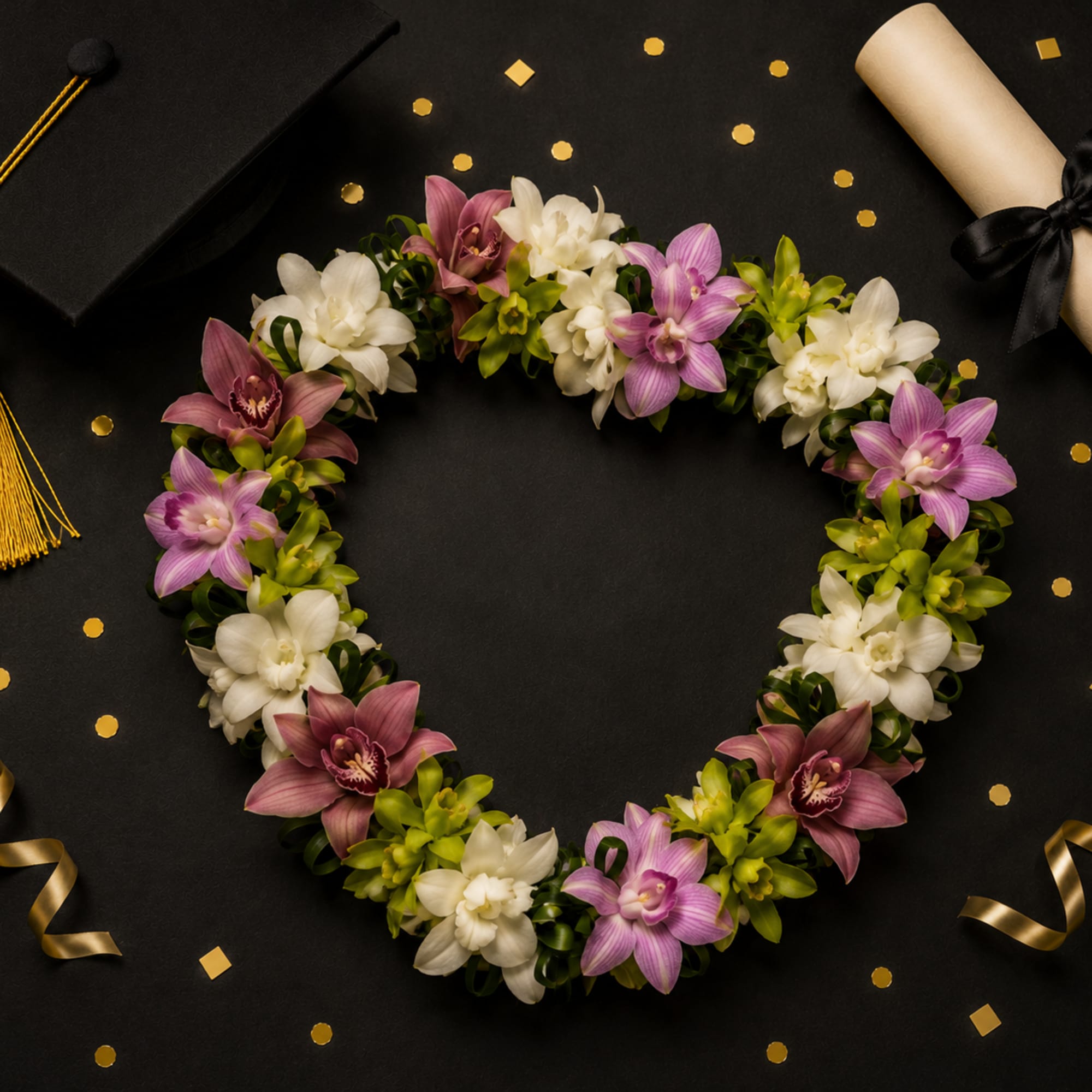 This beautiful Graduation lei made with  denbrobium  orchids , cymbidium