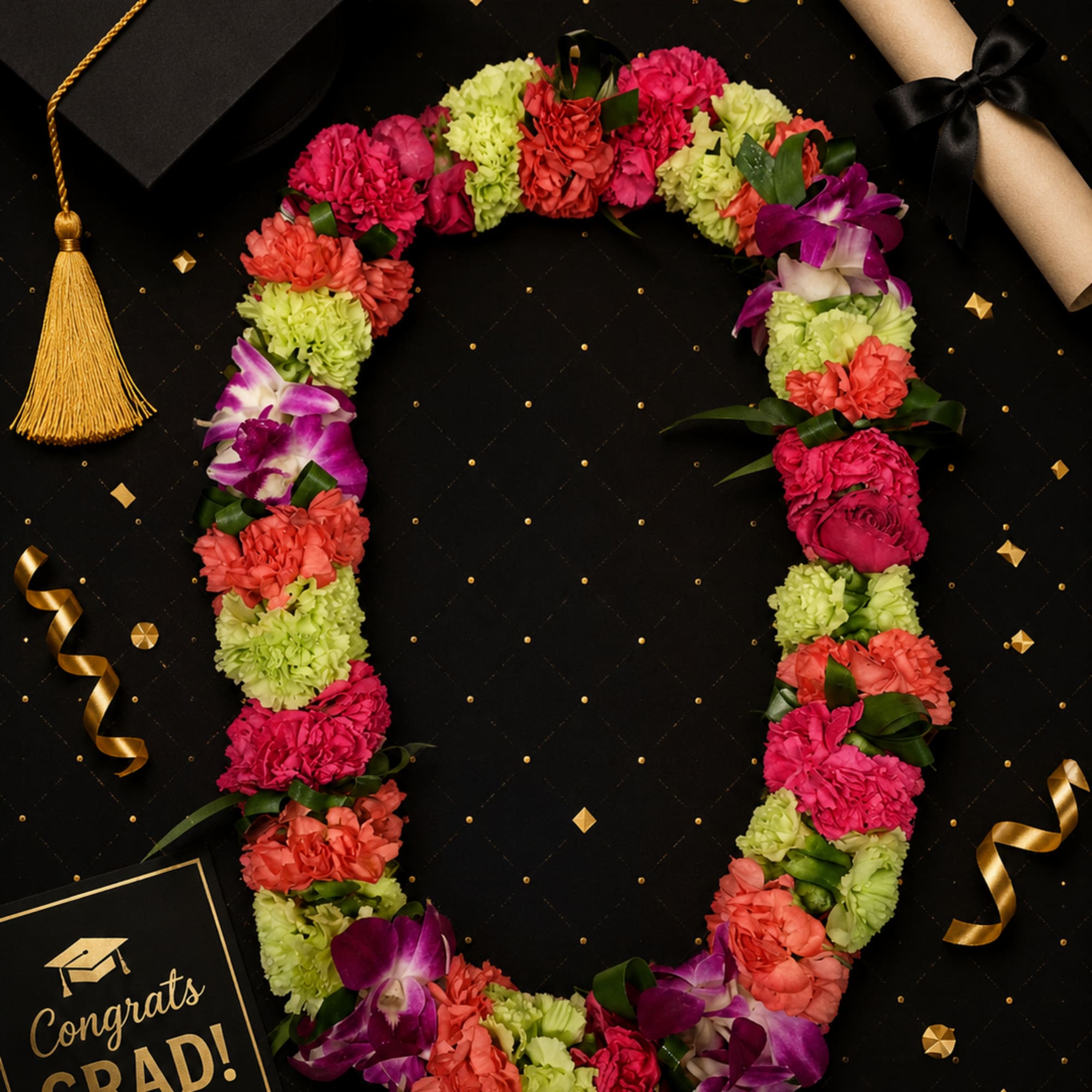 Florist handmade lei with dendrobium orchids and miniature carnations. Product shown in