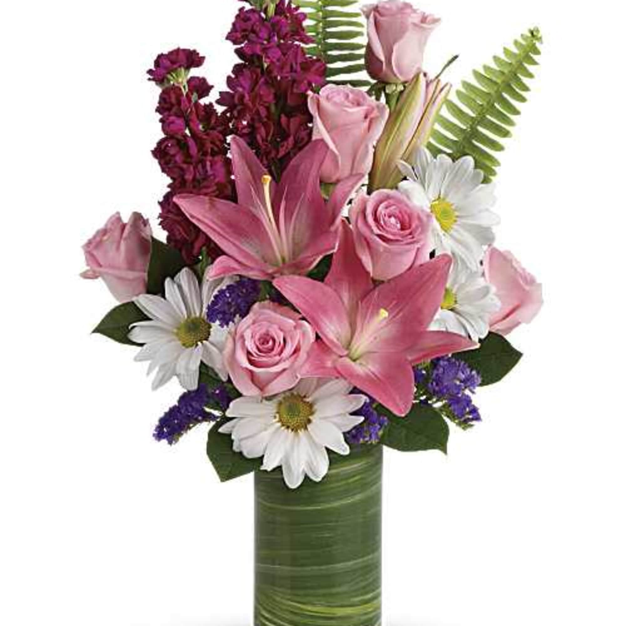 Full of whimsy, this playful bouquet of pink roses, white daisies, pink