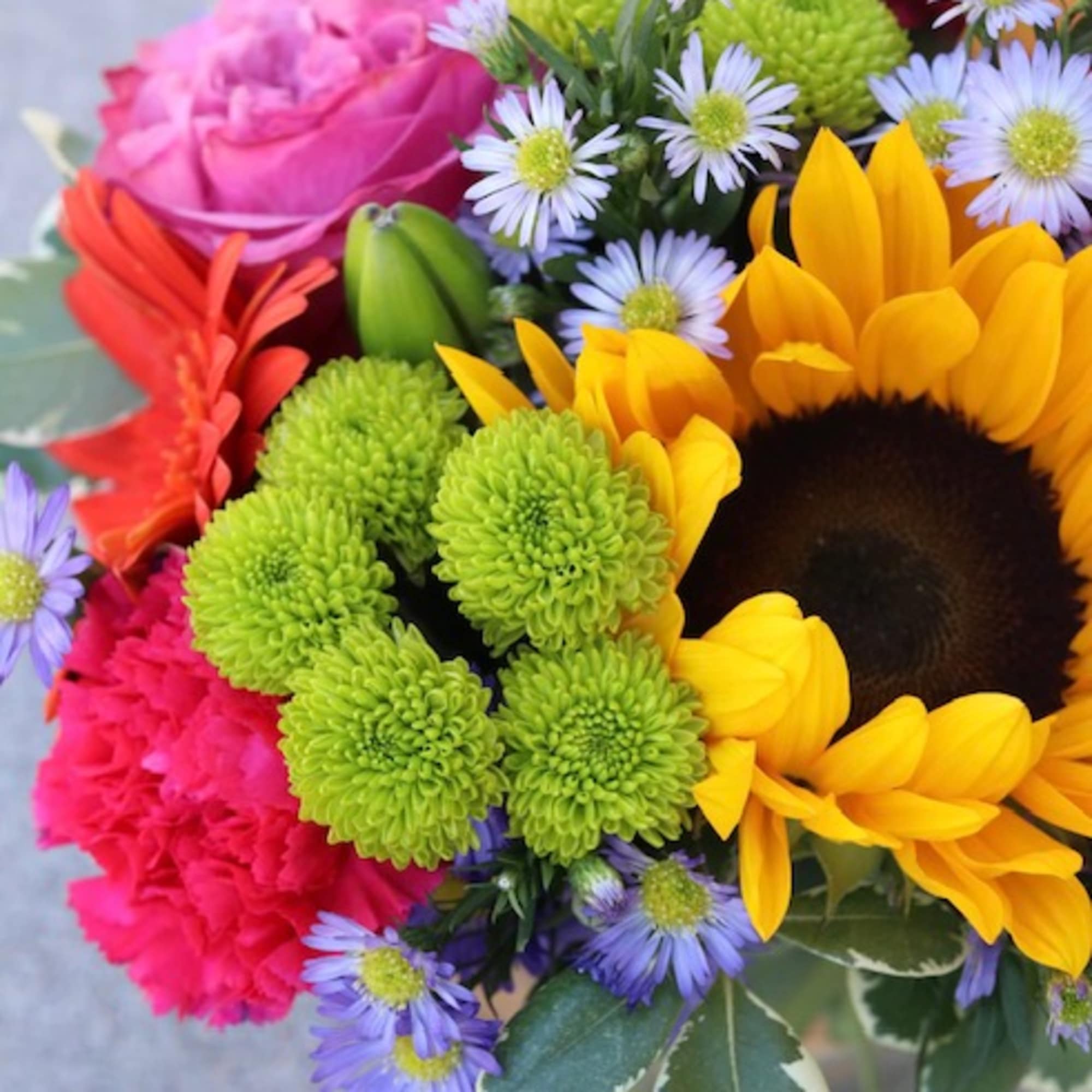 Colorful bouquet with a sunflower, pink rose, and purple daisies