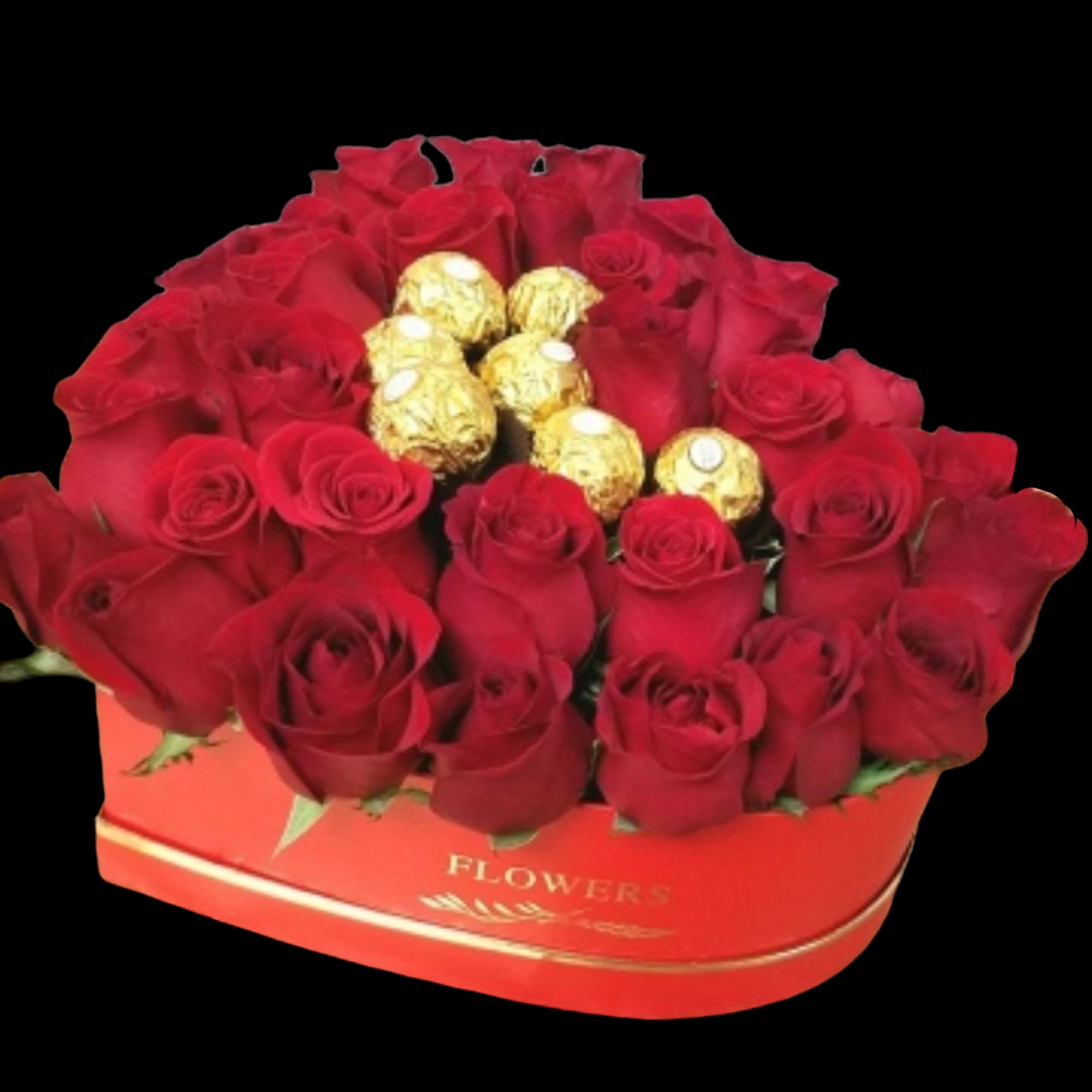 Red roses arranged in a heart-shaped box with gold-wrapped chocolates