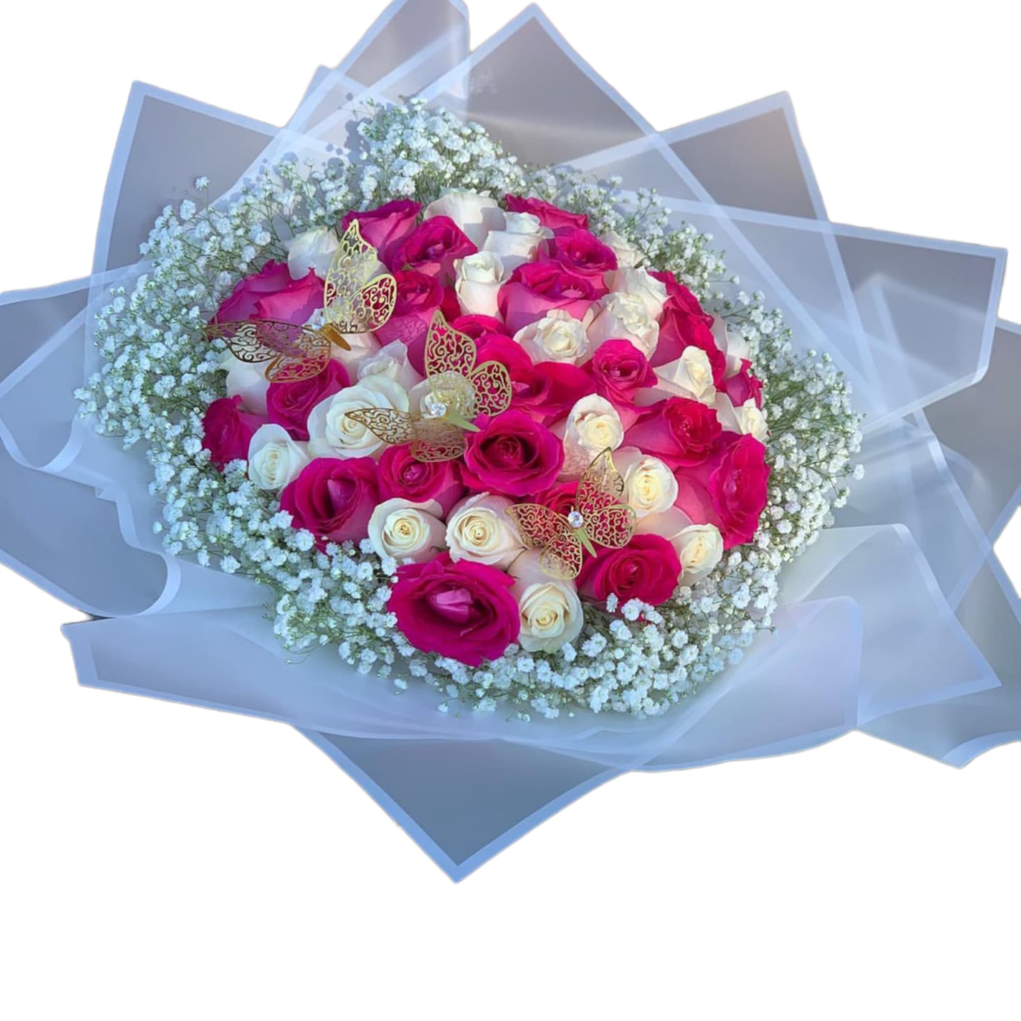 Bouquet of pink and white roses with baby’s breath and butterfly accents