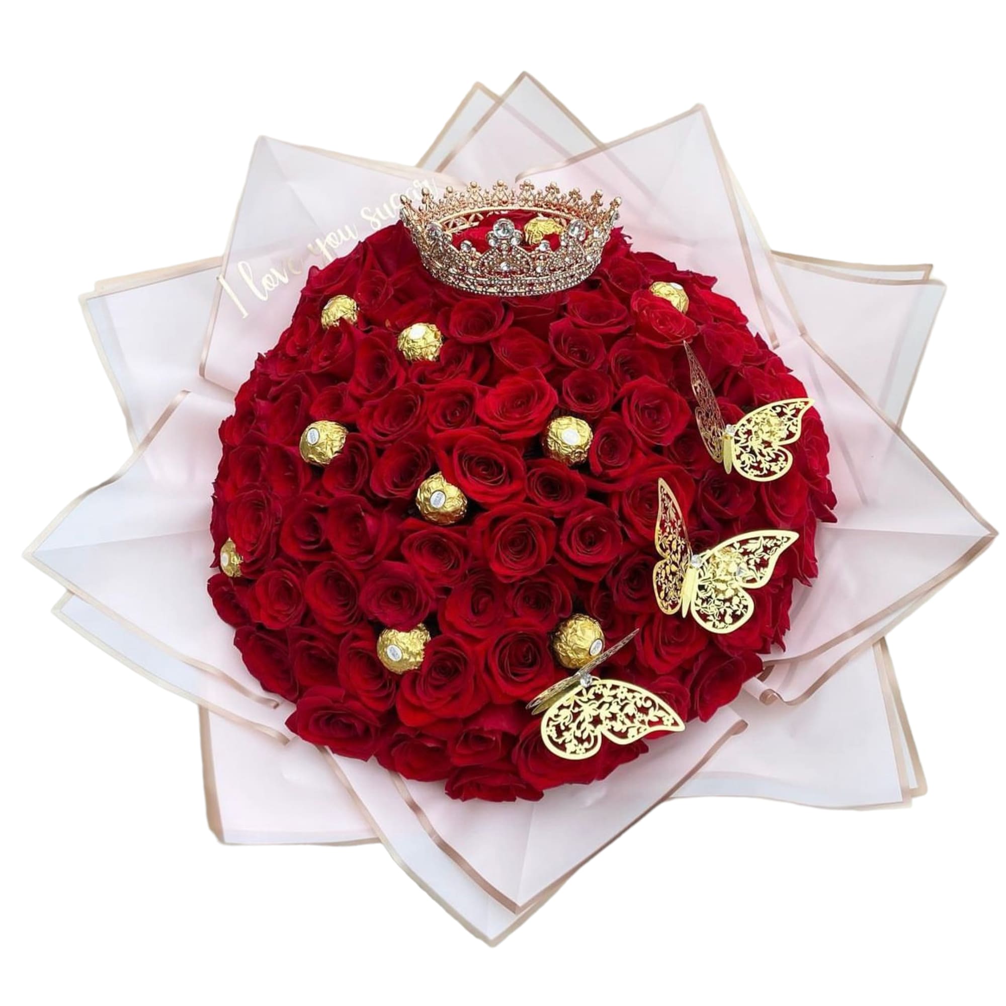 Round bouquet of red roses with a crown and gold butterfly accents
