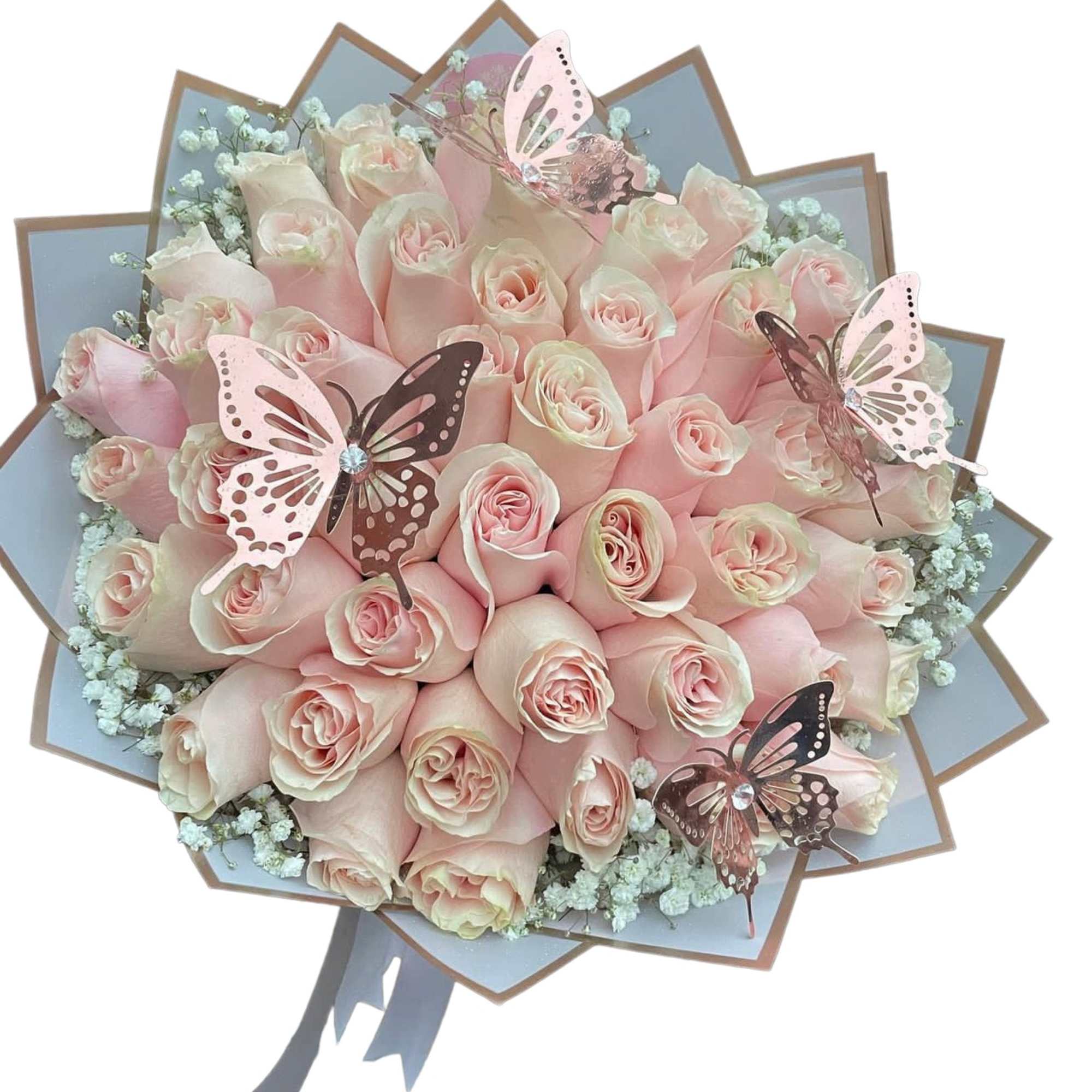 Bouquet of pale pink roses with butterfly decorations