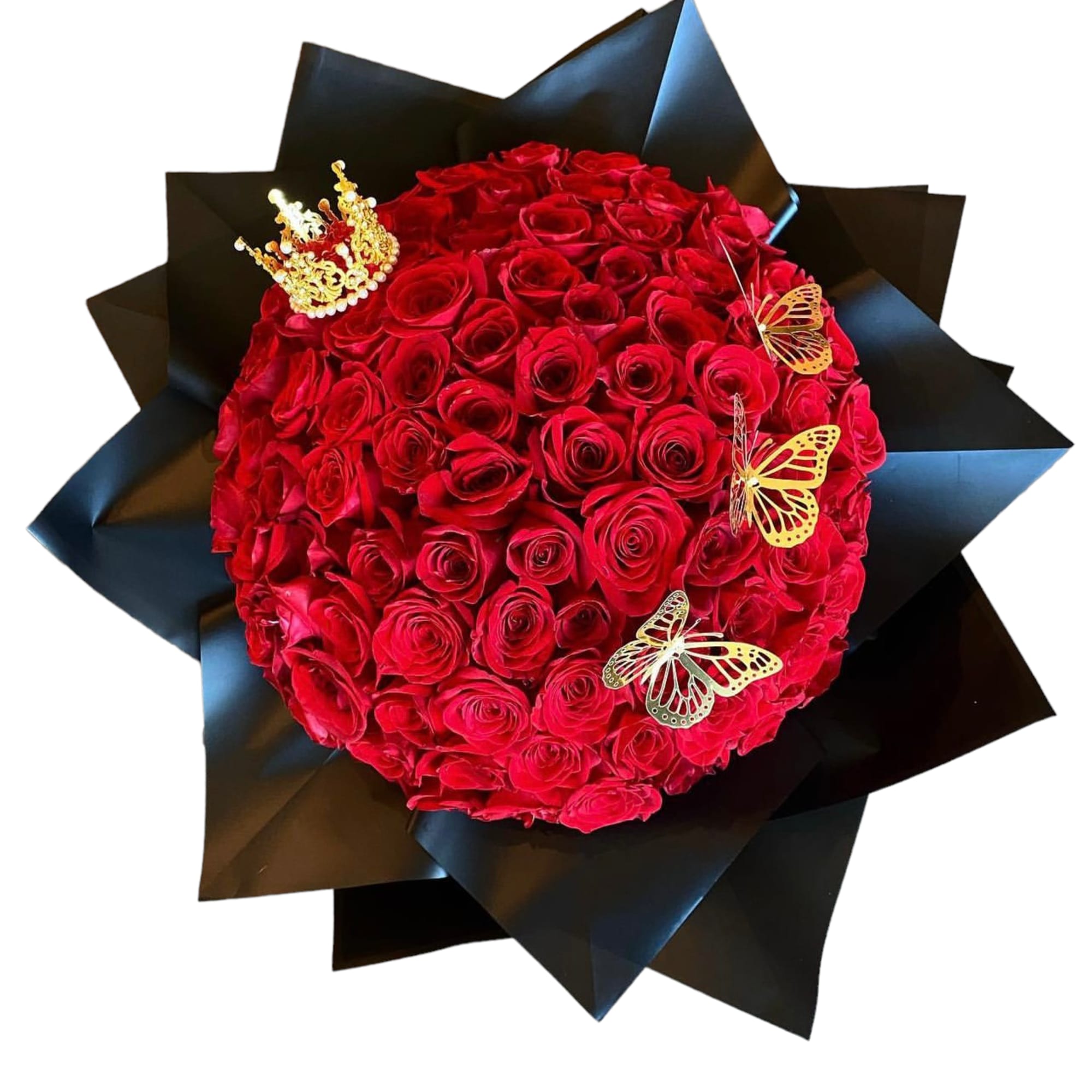 Round bouquet of red roses wrapped in black paper with butterfly accents