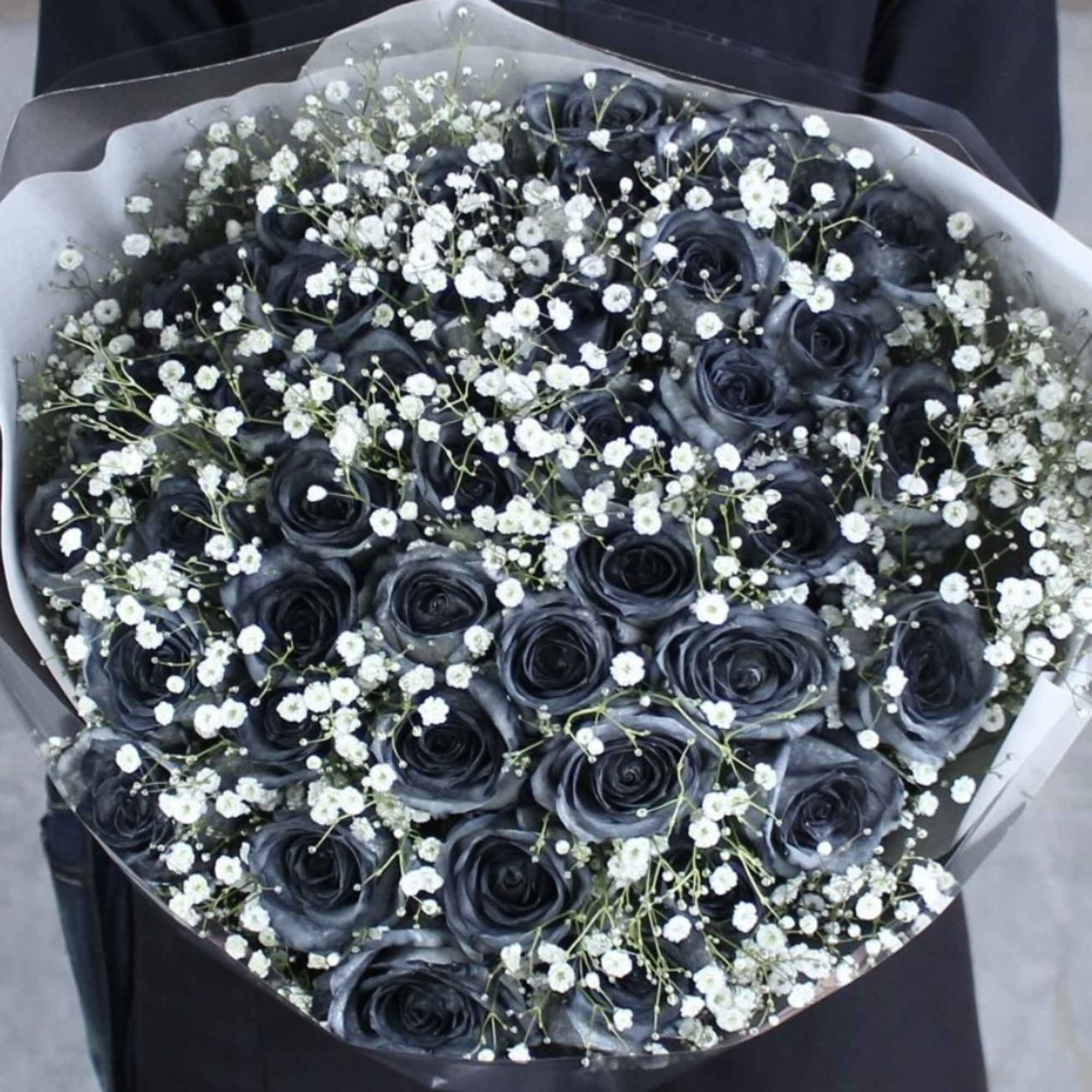 Bouquet of dark roses with small white filler flowers