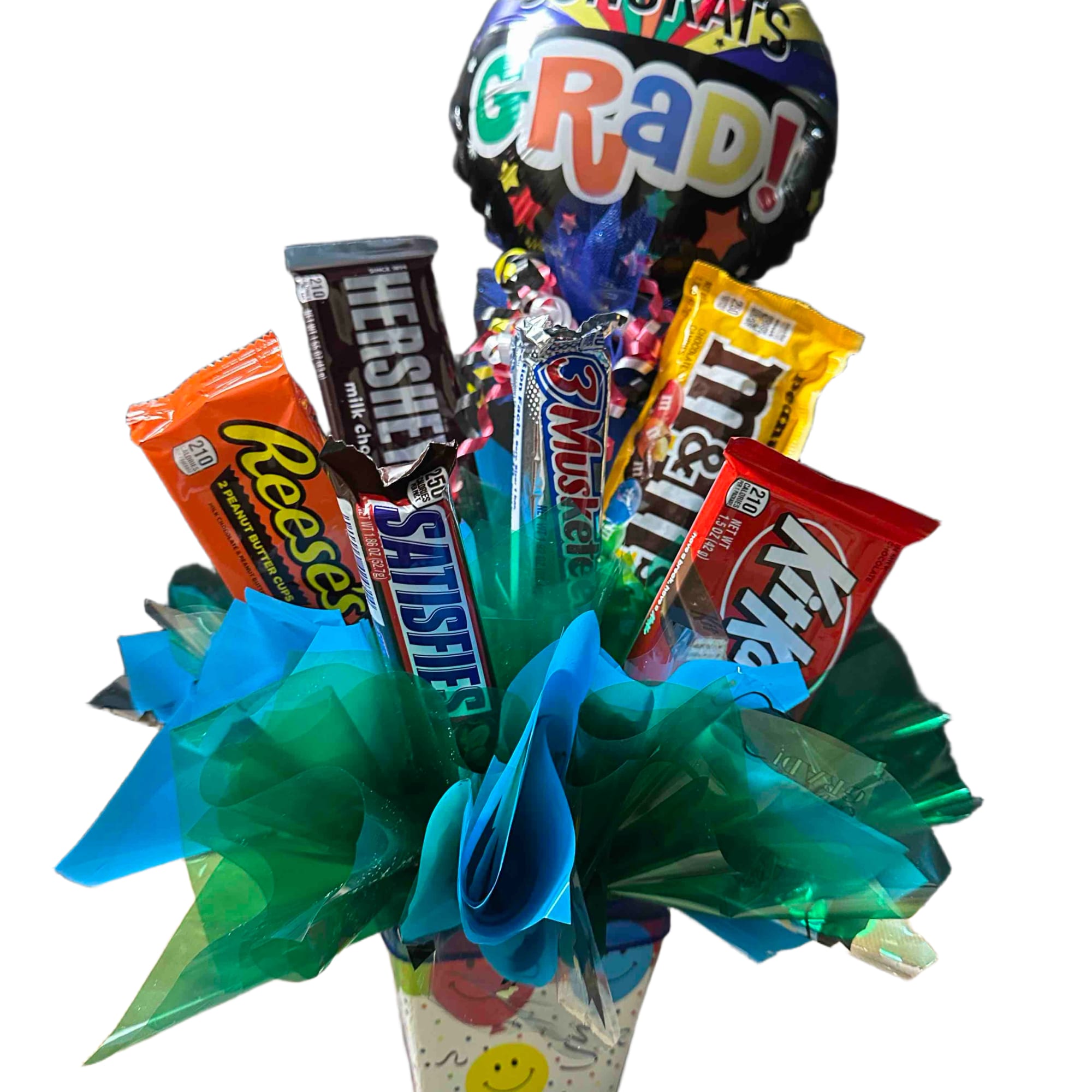Assorted candy bars in a decorated gift box with a  small