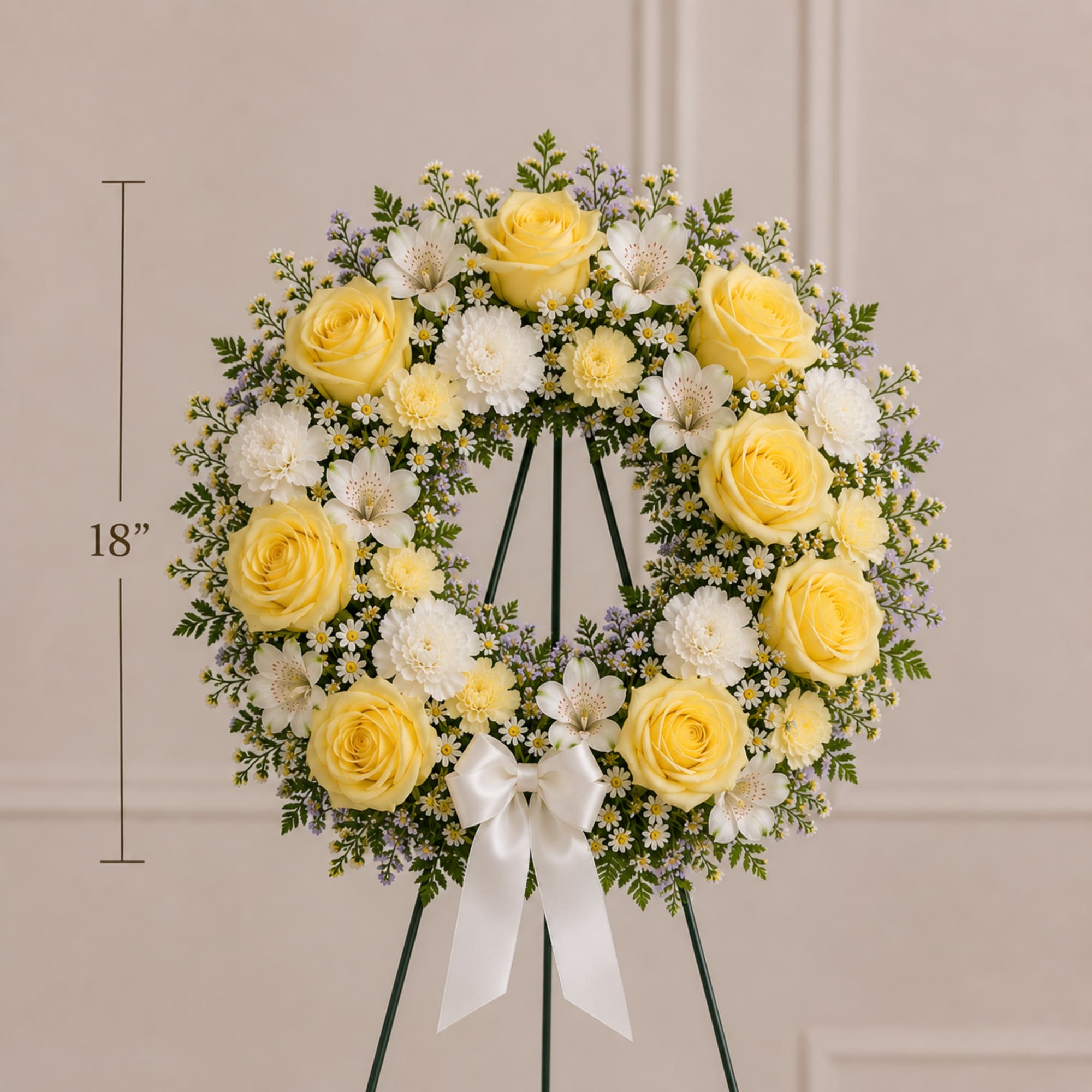 Delicate lemon roses and white flowers create a beautiful and gentle goodbye
