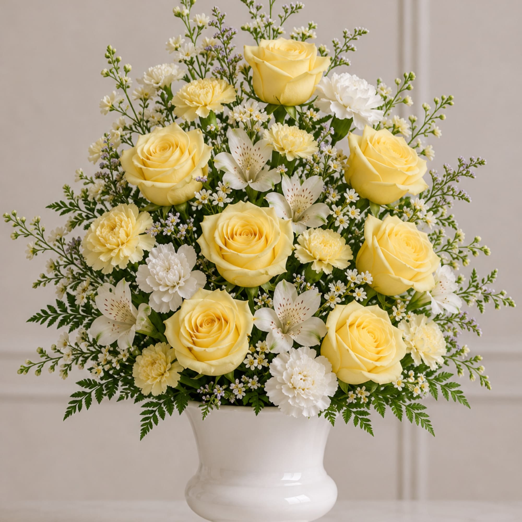 Delicate lemon roses and white flowers create a beautiful and gentle goodbye