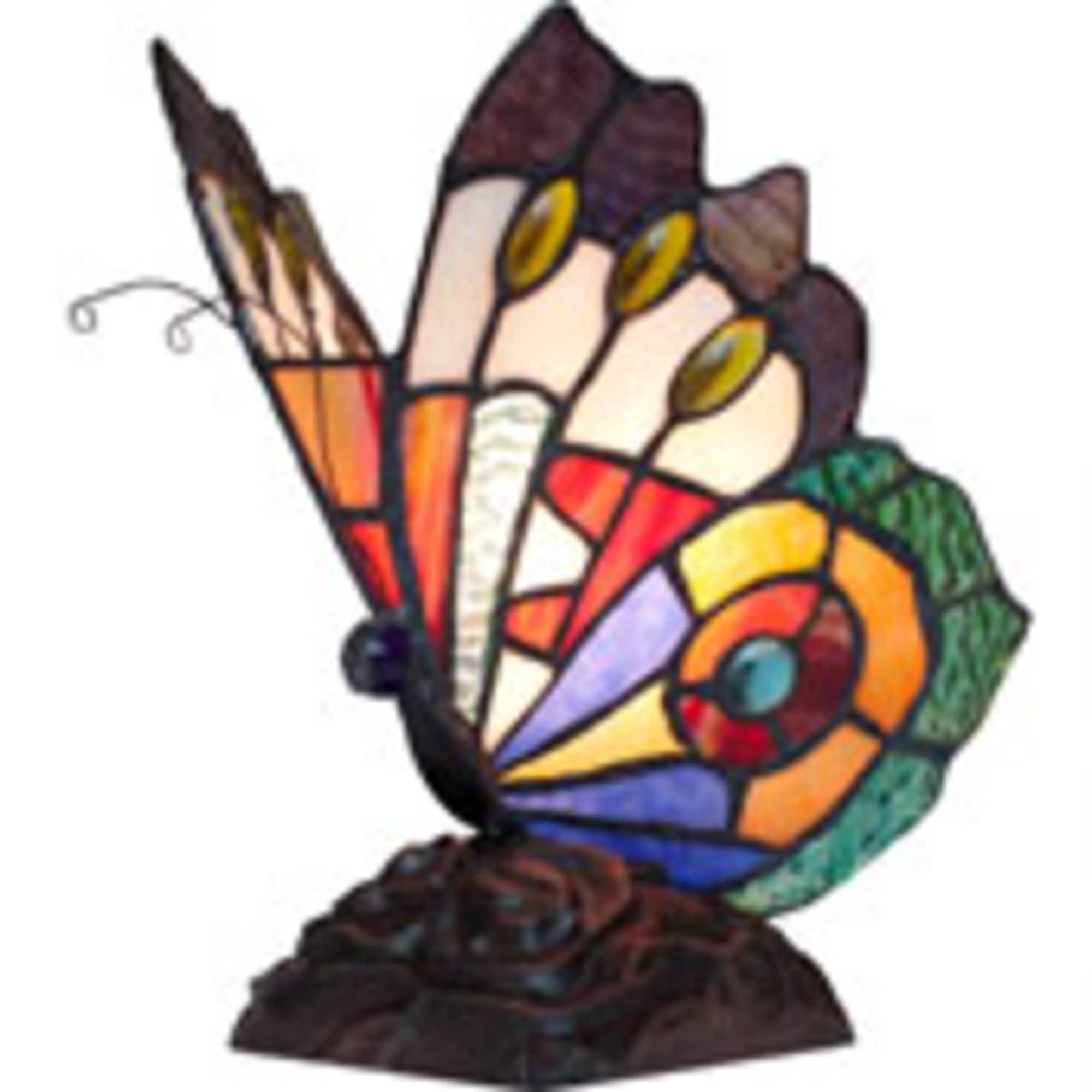 This tiffany butterfly lamp is in multiple colors. Stands 9 " in