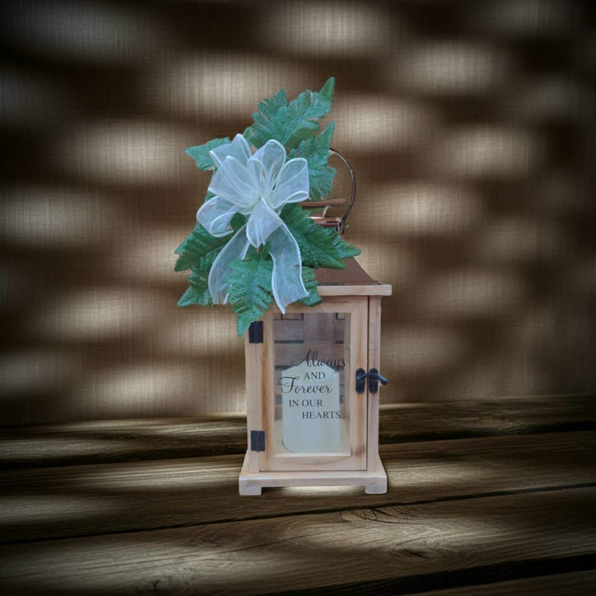 15" by 7" Lantern with flameless candle. Inscribed with Always And Forever
