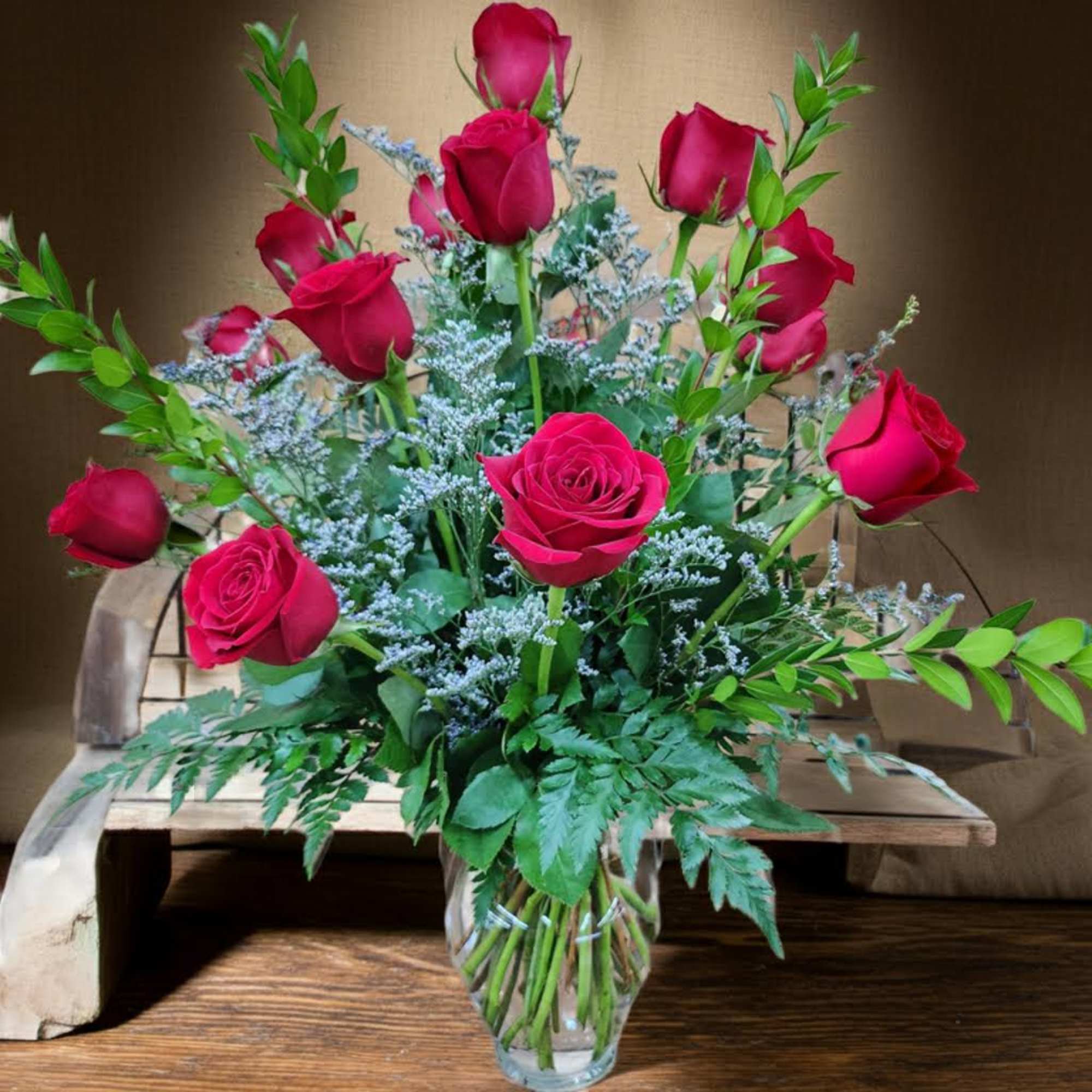 18 Red Rose With Caspia and Mixed Greens 