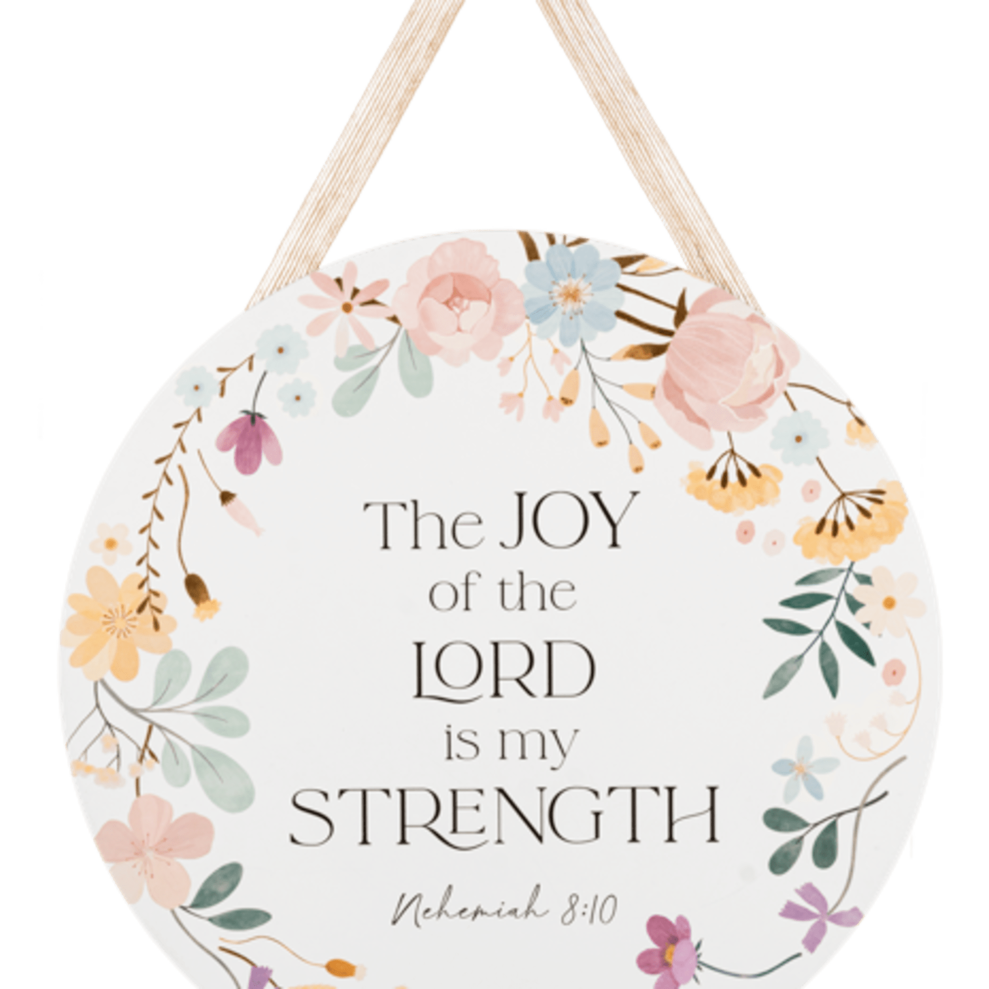 Round floral wall sign with Bible verse and hanging ribbon