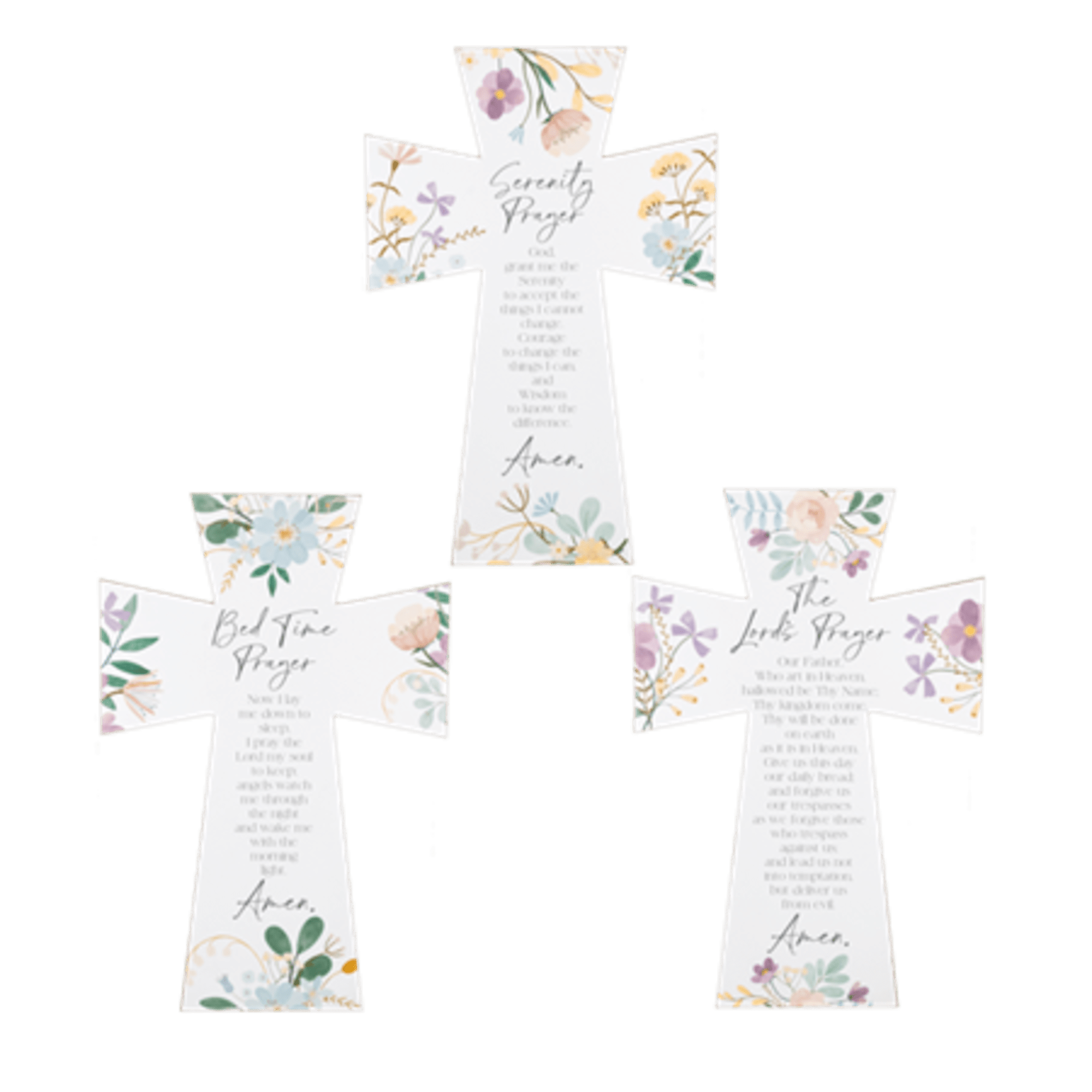 Three floral cross-shaped prayer plaques with scripture text
