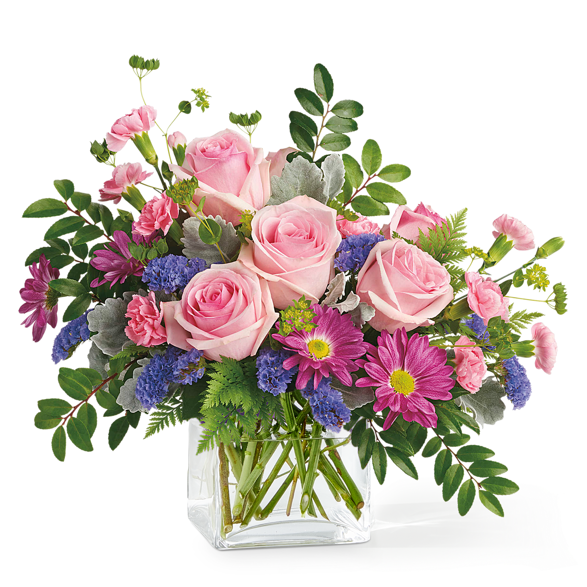 A cheerful blend of pink roses, soft carnations, purple daisies, and delicate