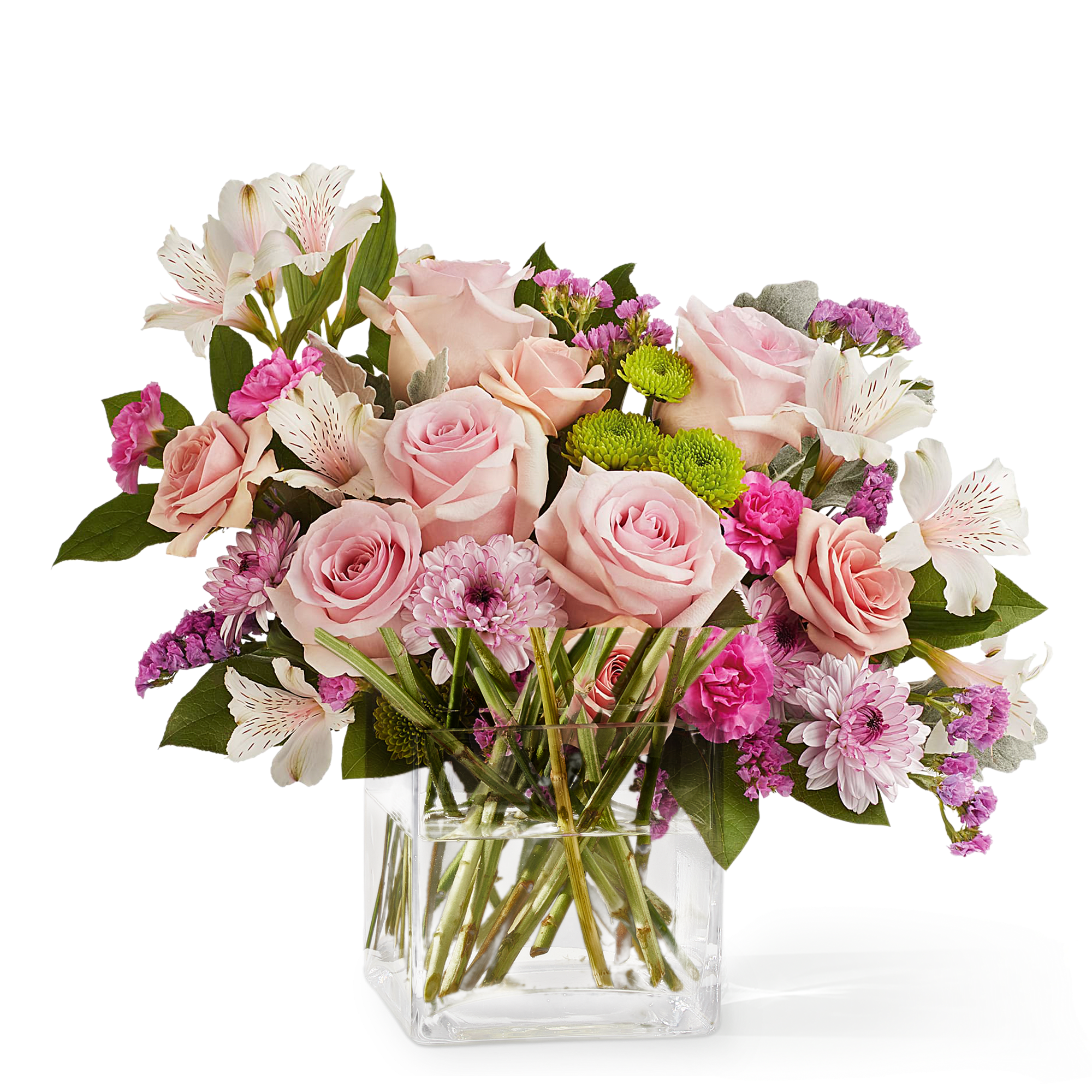 A soft, uplifting mix of blush roses, pink lilies, carnations, and vibrant