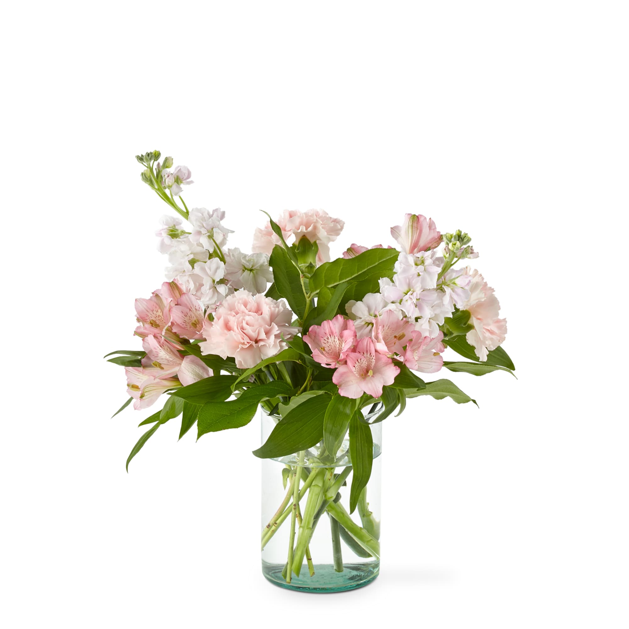 A rosy bouquet of roses, stock, carnations, and alstromeria arranged in a