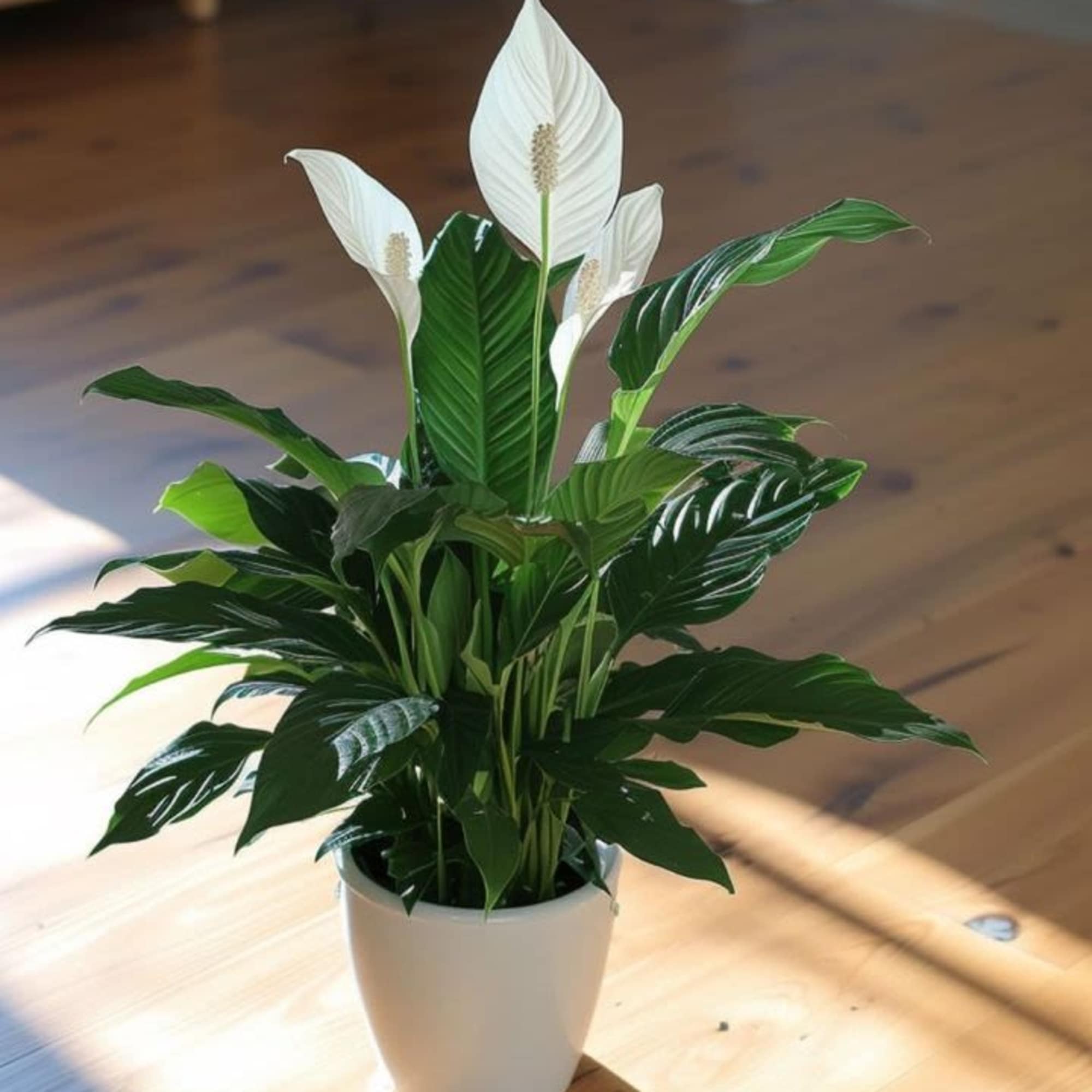 A tall reaching spathiphyllum plant, also known as a peace lily, set