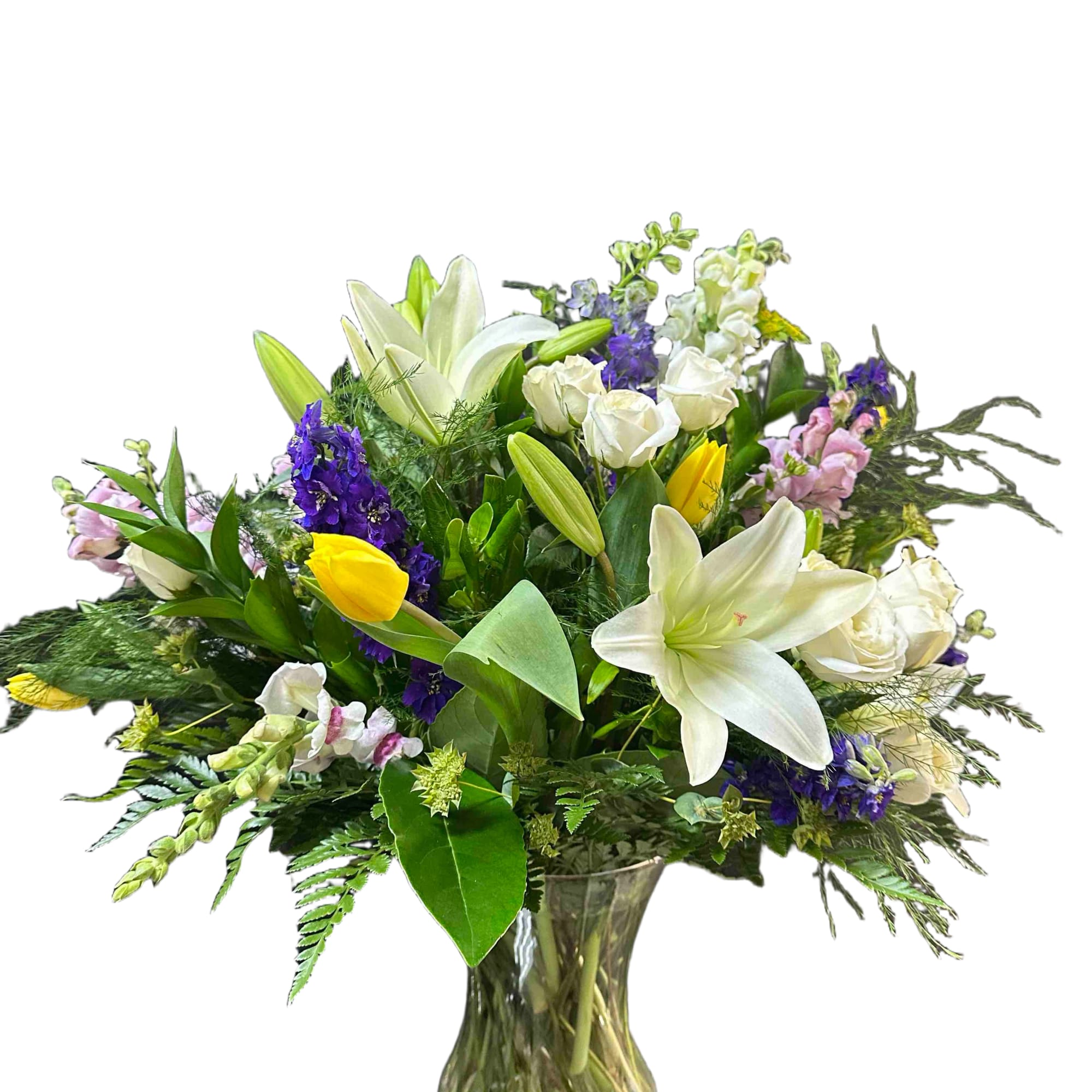Large, garden-style bouquet of tulips, white lilies and roses with purple, yellow