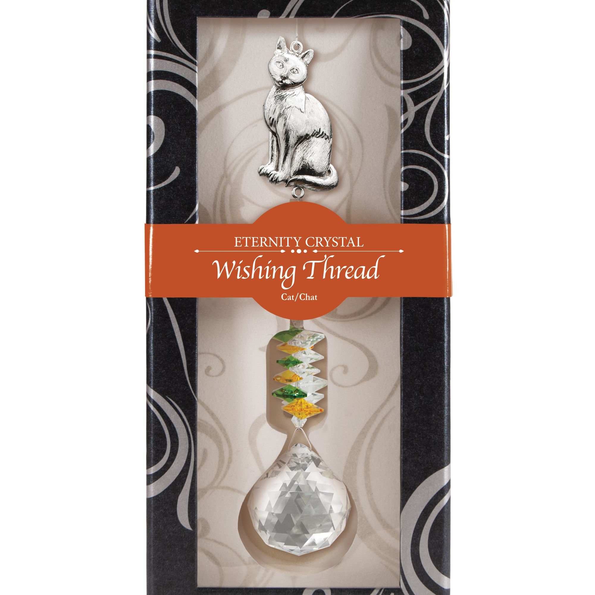 Boxed crystal hanging ornament with silver cat charm and faceted teardrop crystal.