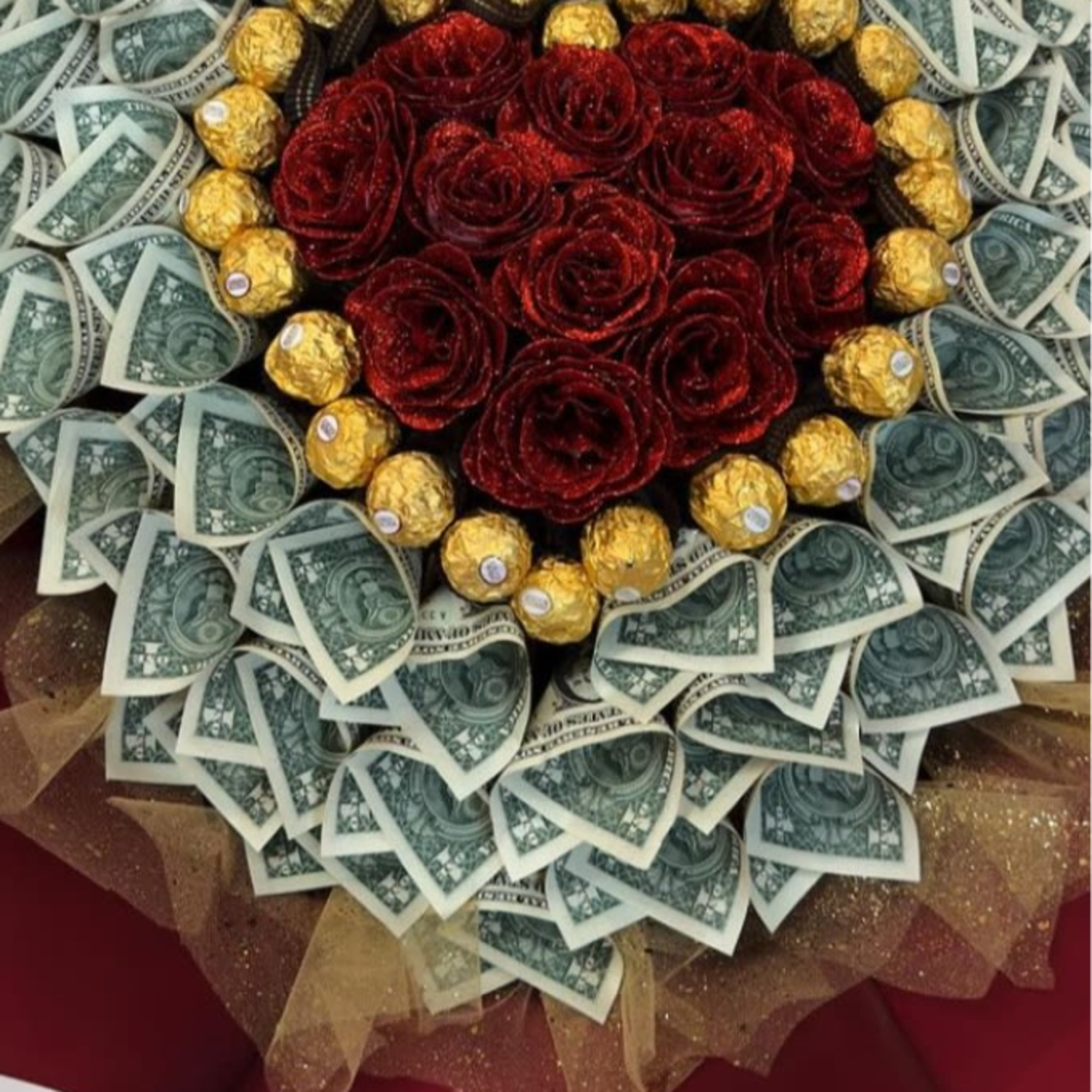 Send beautiful flowers partnered with rolled dollars (default currency is $1 or