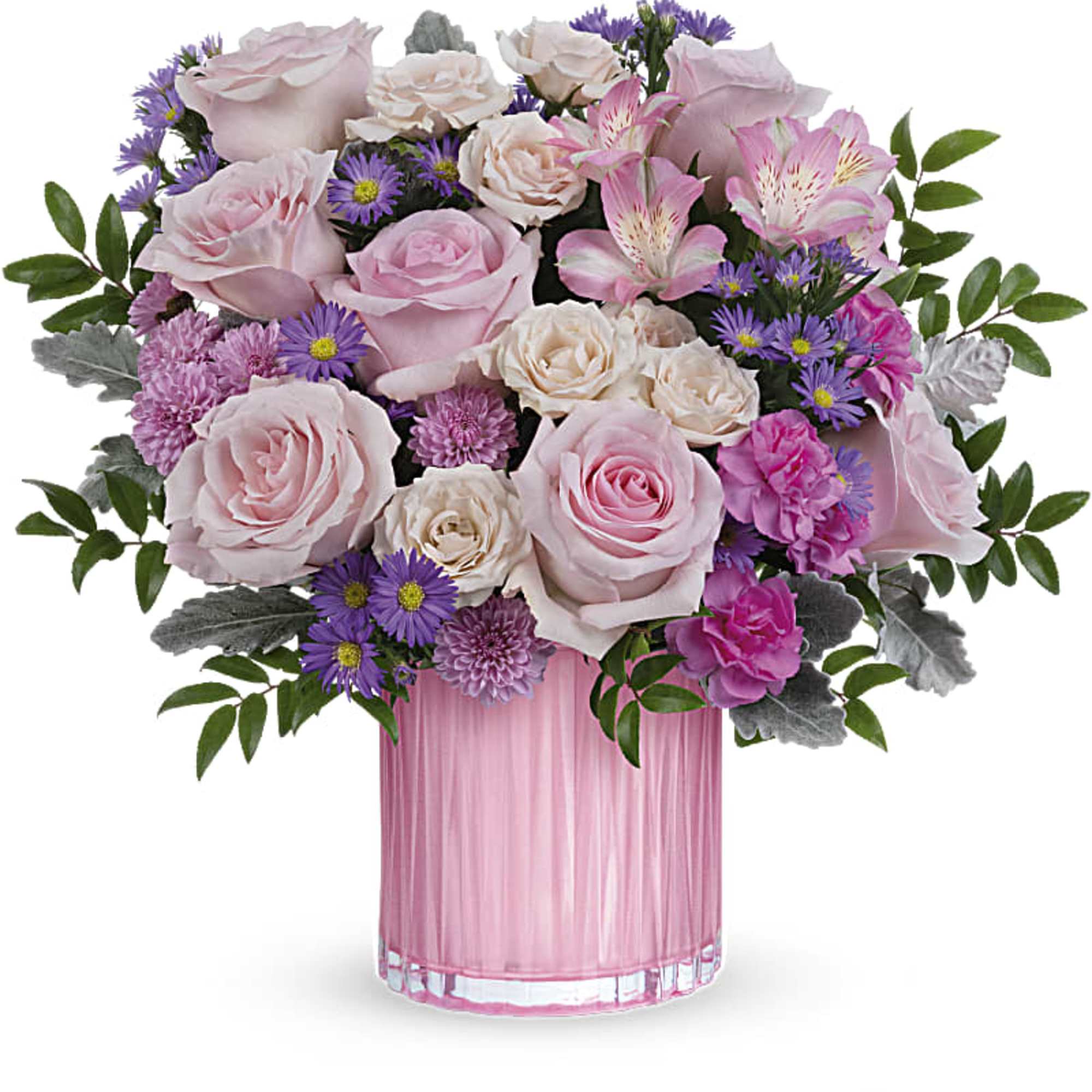 Pink roses and purple daisies arranged in a pink glass vase