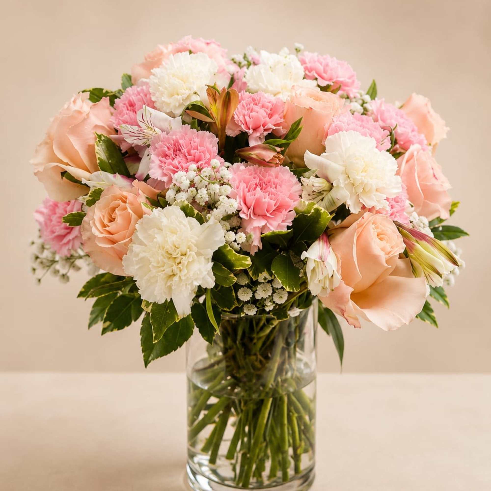 A soft cloud of blush pink and peach roses mingles with pink