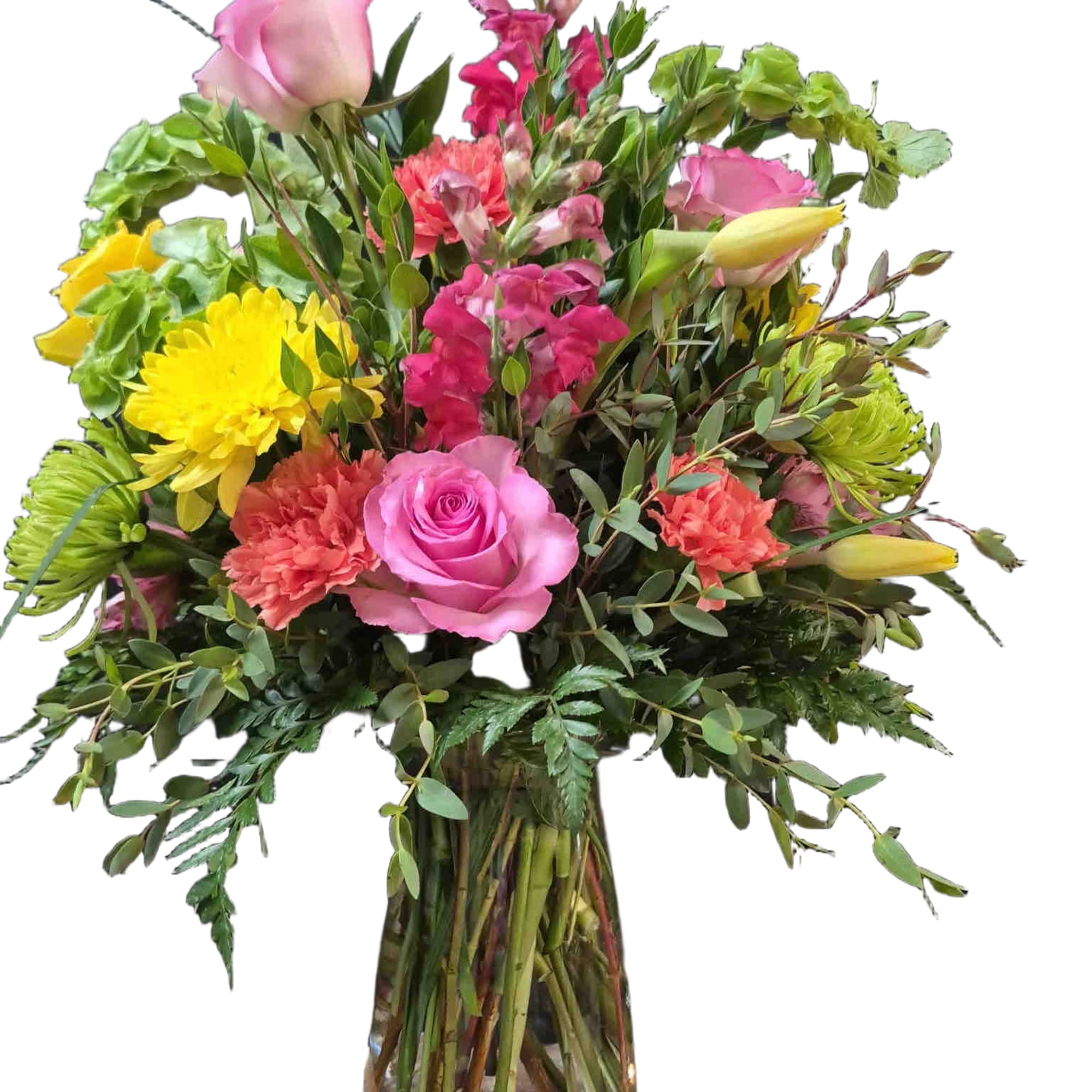 Full, garden-style mix of pink and yellow roses, yellow cremons, orange carnations