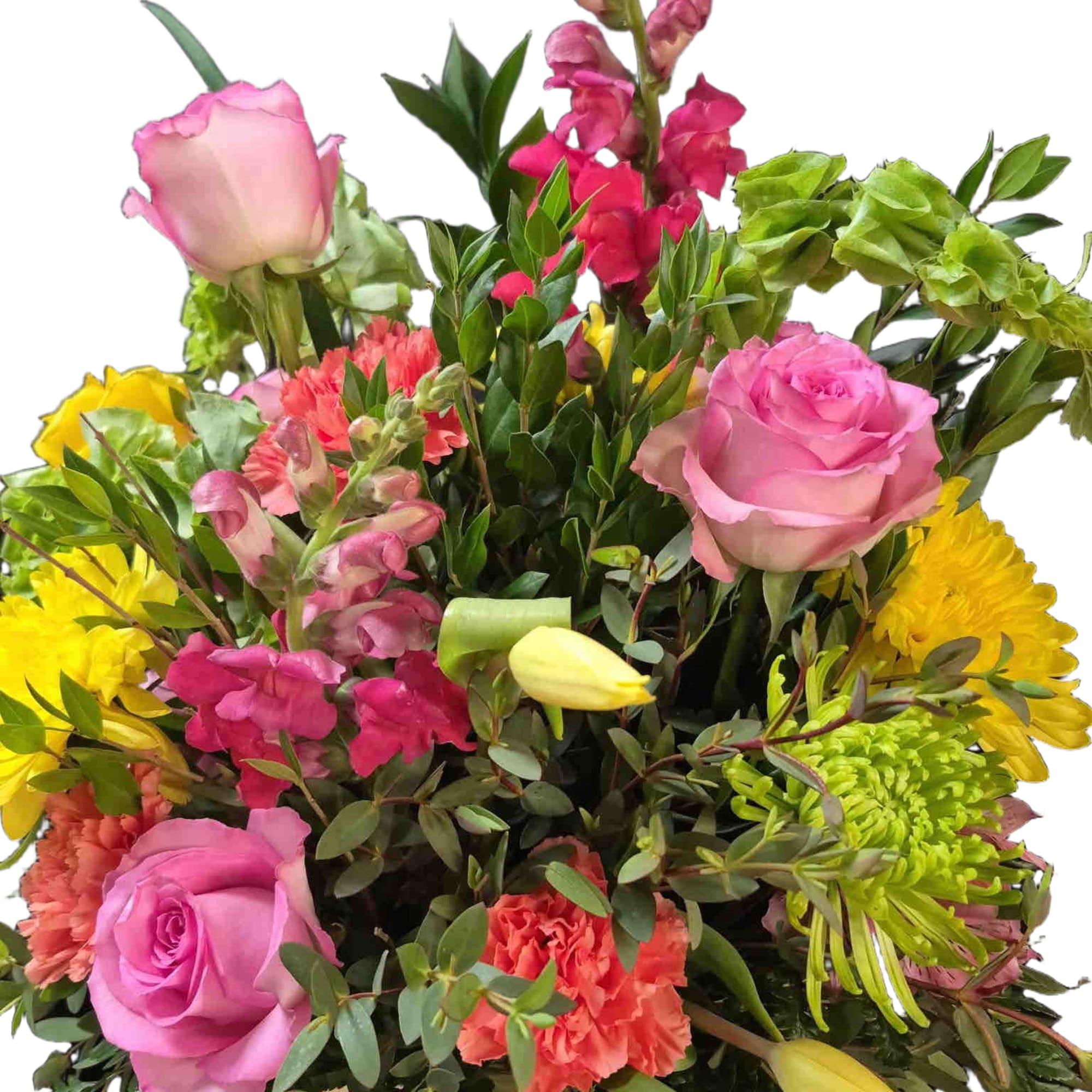 Full, garden-style mix of pink and yellow roses, yellow cremons, orange carnations