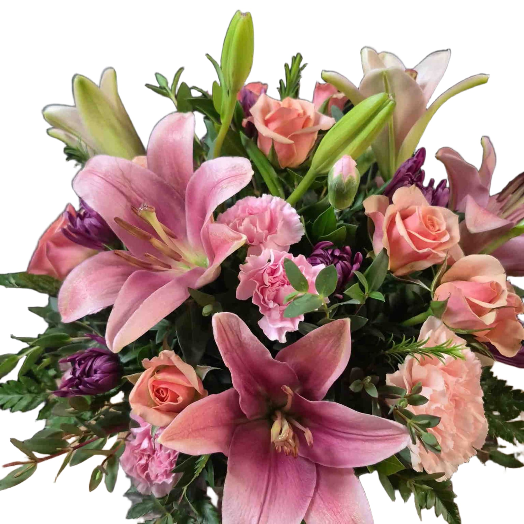 Stylish spring bouquet with pink lilies, roses, carnations, purple mums and mixed