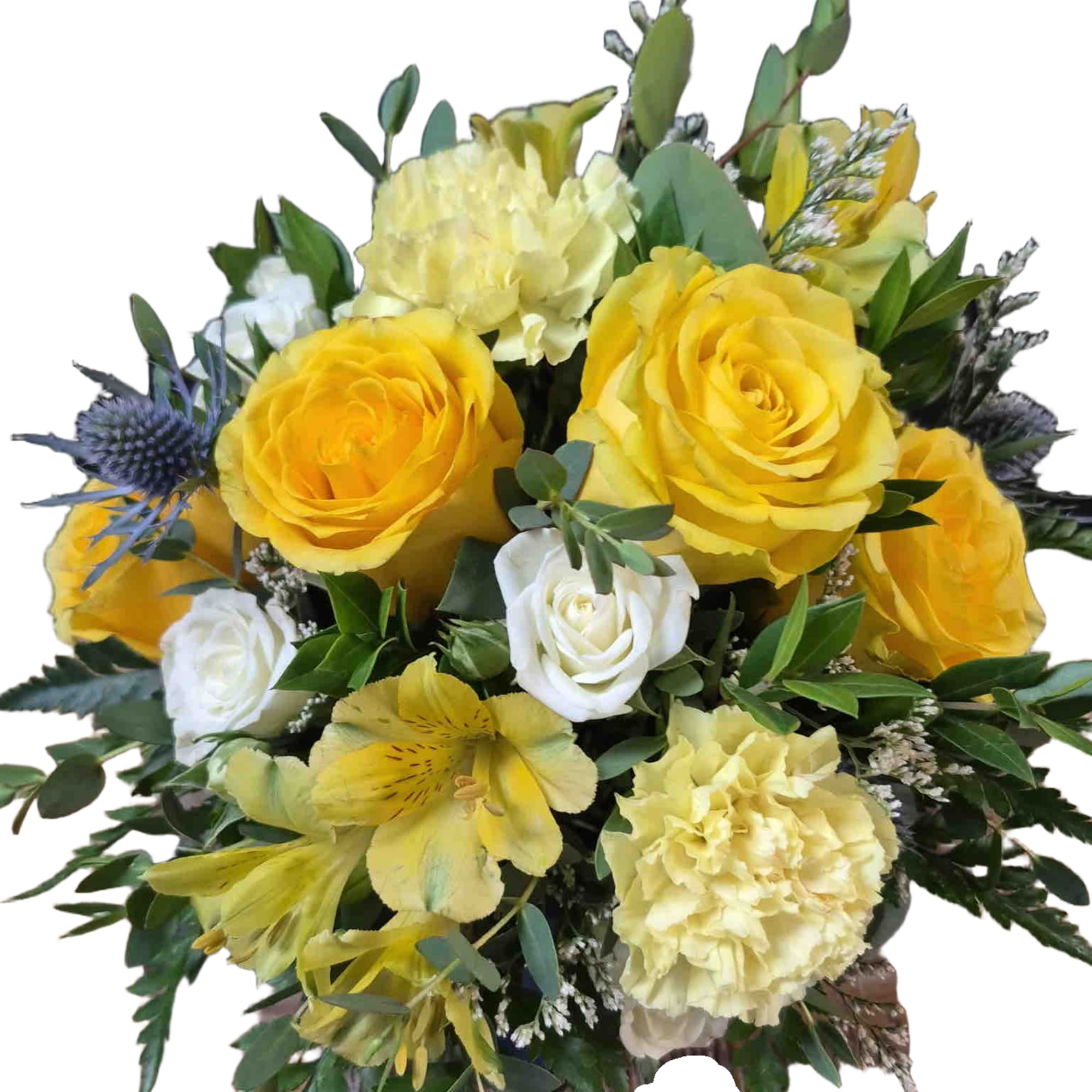 This cheerful arrangement of yellow flowers is sure to brighten someone's day.