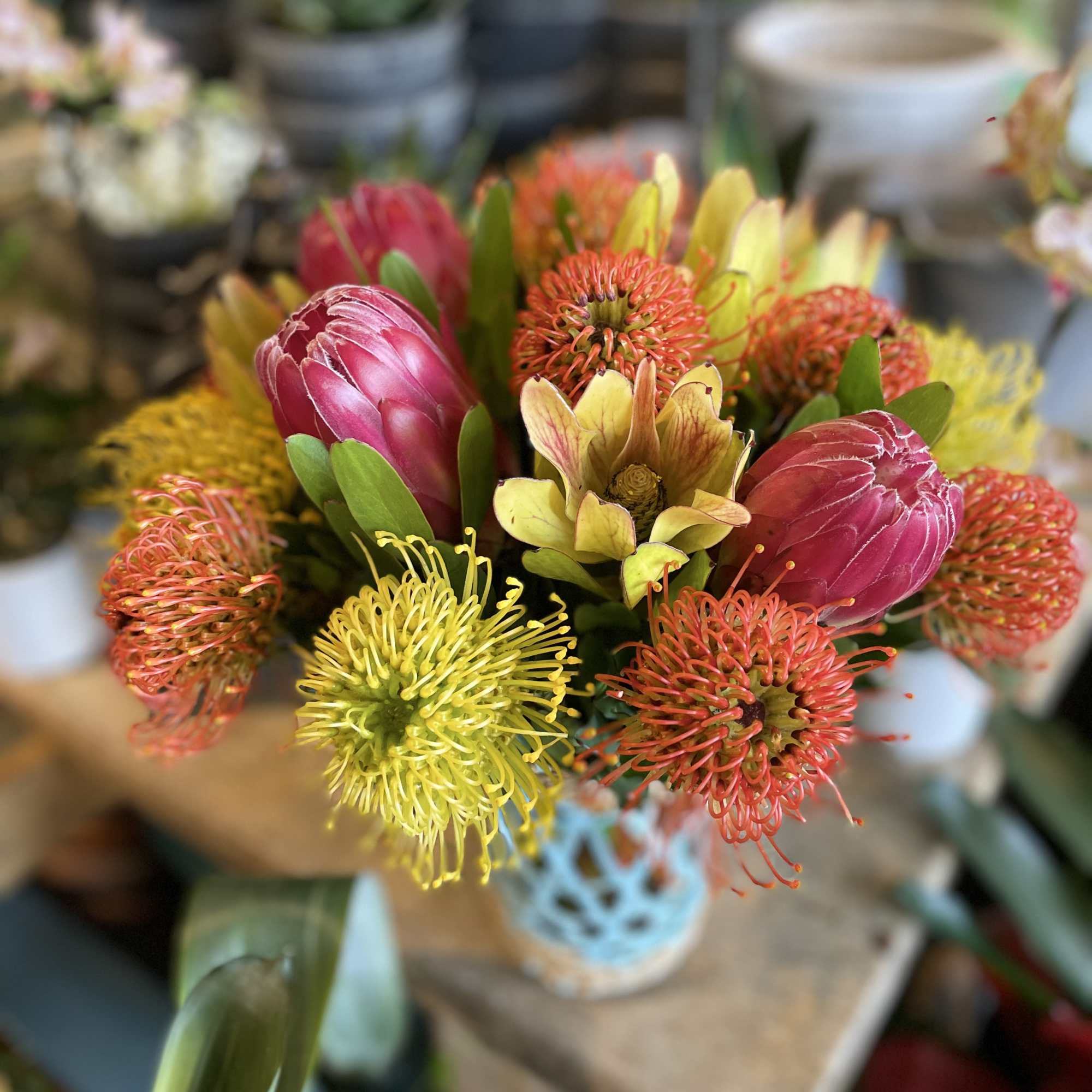 Bouquet of pink protea and yellow-orange pincushion flowers