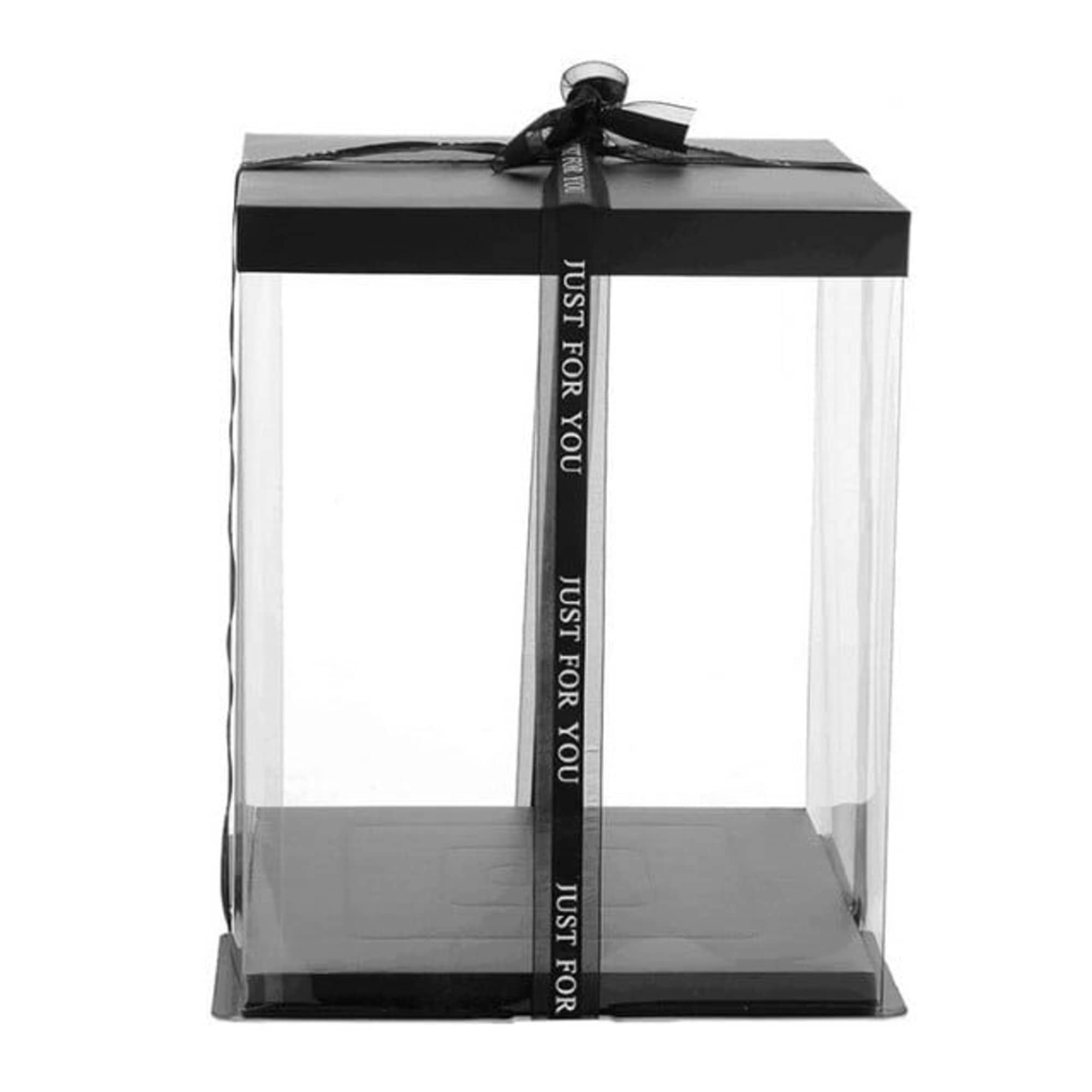 Clear gift box with a black lid and ribbon