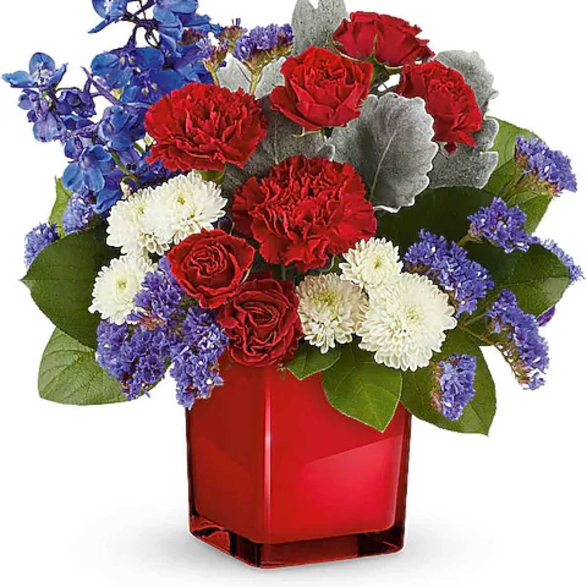 Embrace a timeless color palette of radiant red, white, and blue blooms