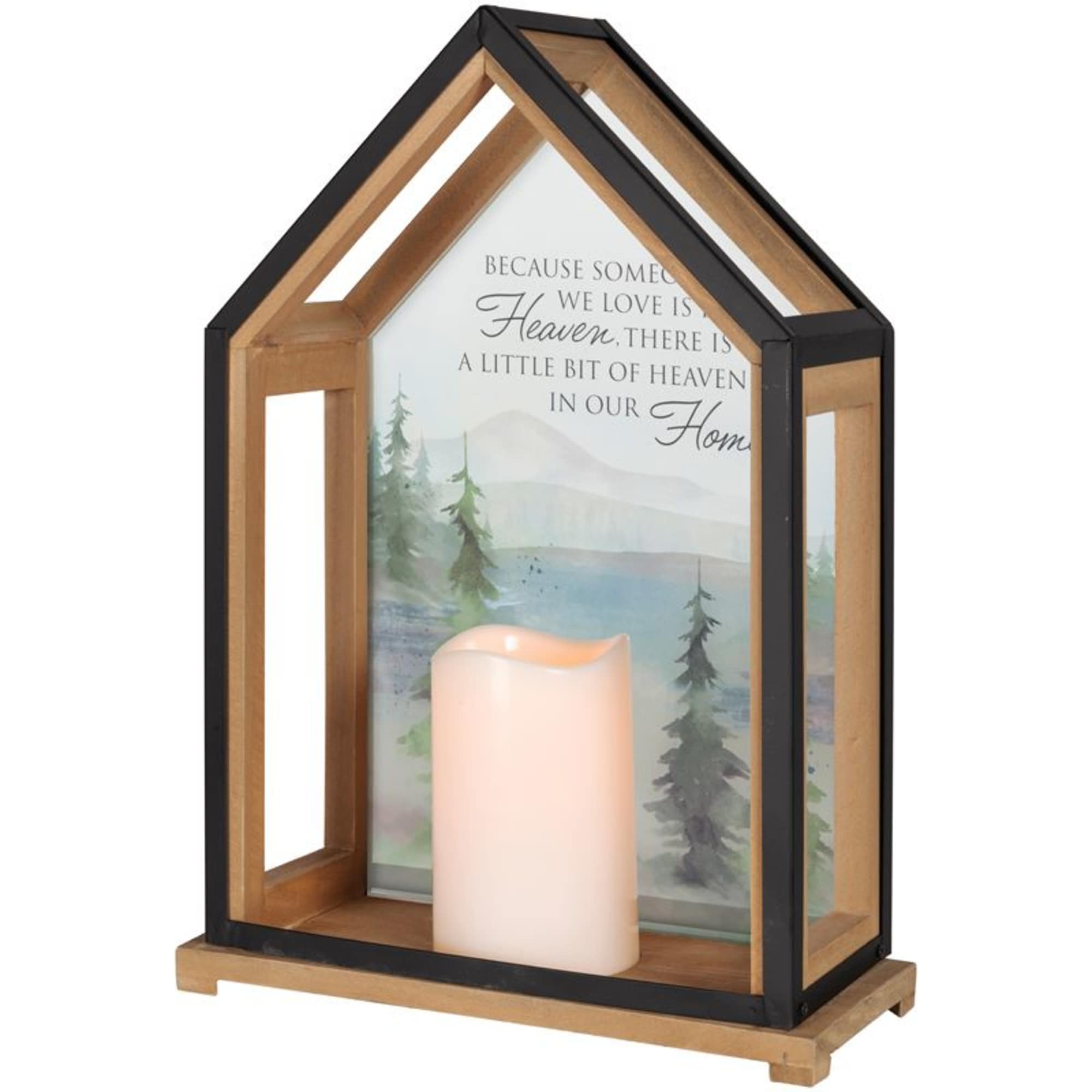 Wooden house-shaped lantern with a candle and memorial quote