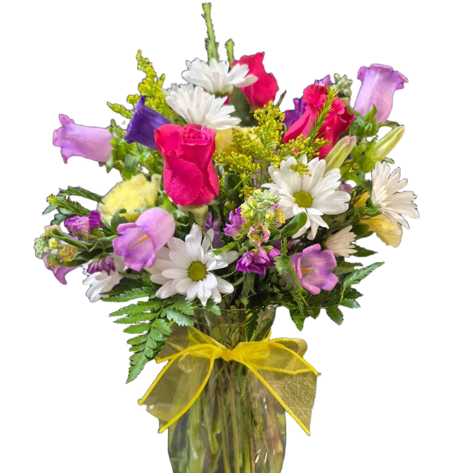 Adorable mix of pink roses, purple stock, and yellow carnations