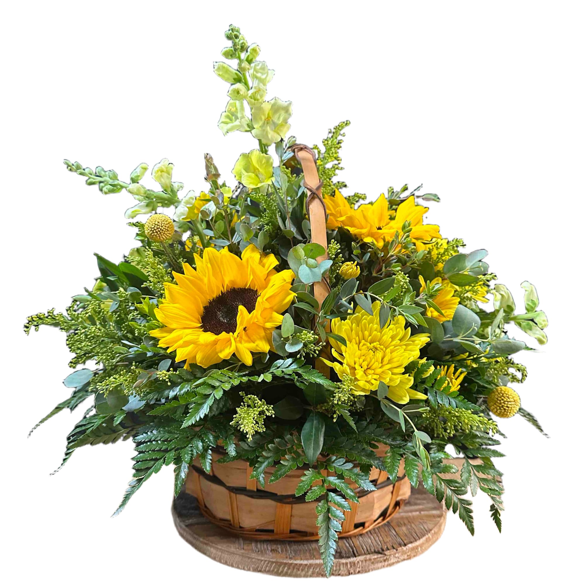 8" basket with sunflowers, cremons, and snapdragons.