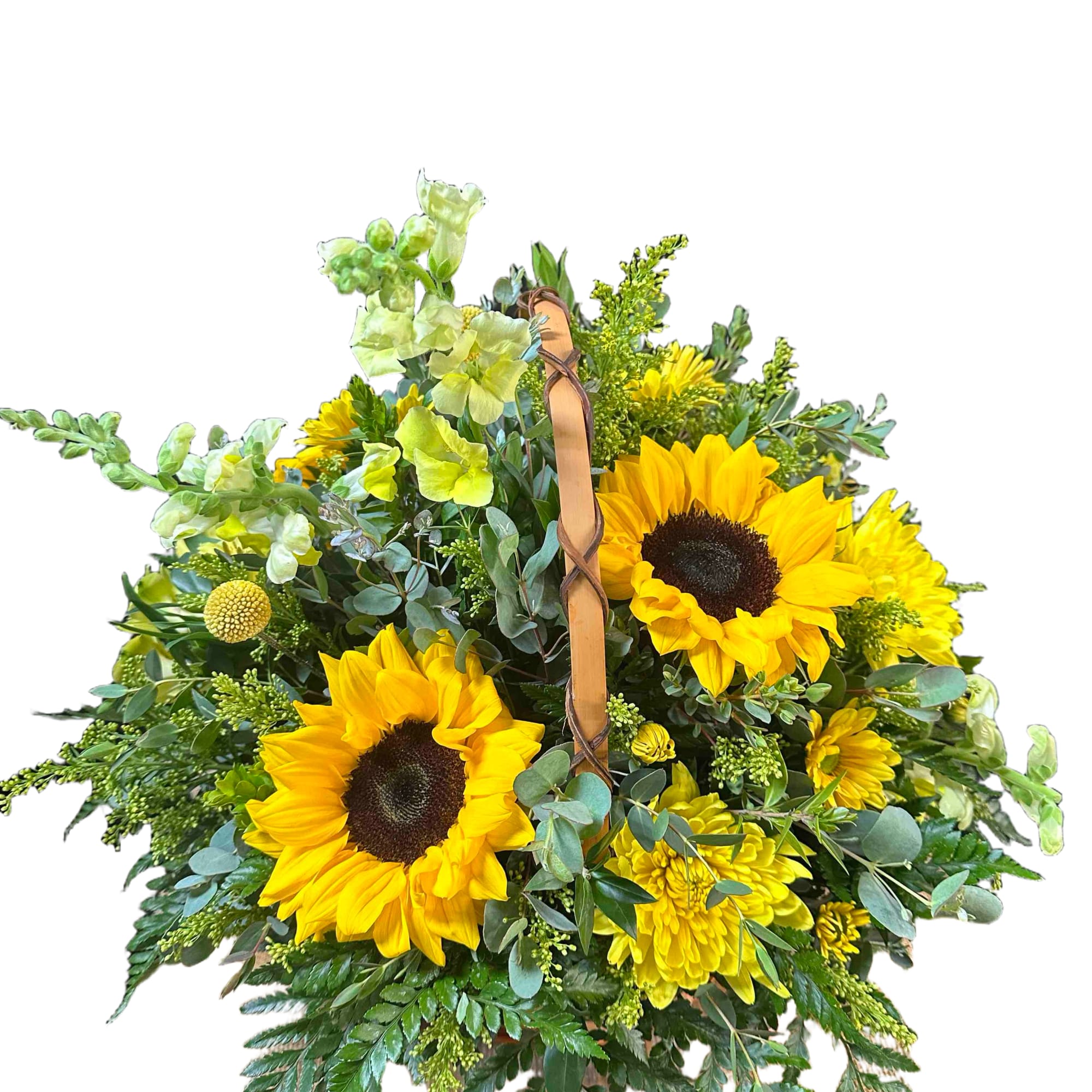 8" basket with sunflowers, cremons, and snapdragons.