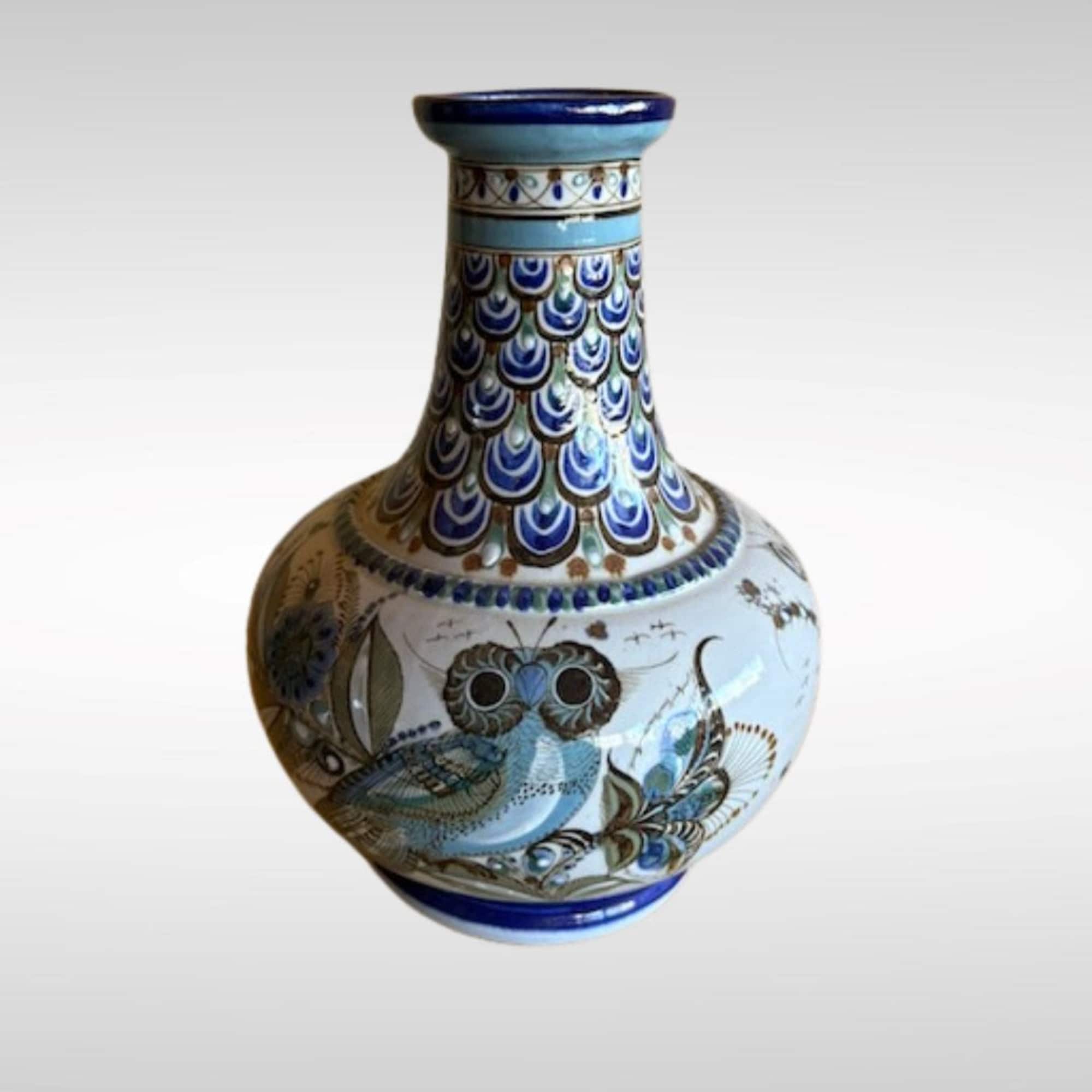 Signed Ken Edwards Pottery Vase with Blue Horned Owl Design, El Palomar