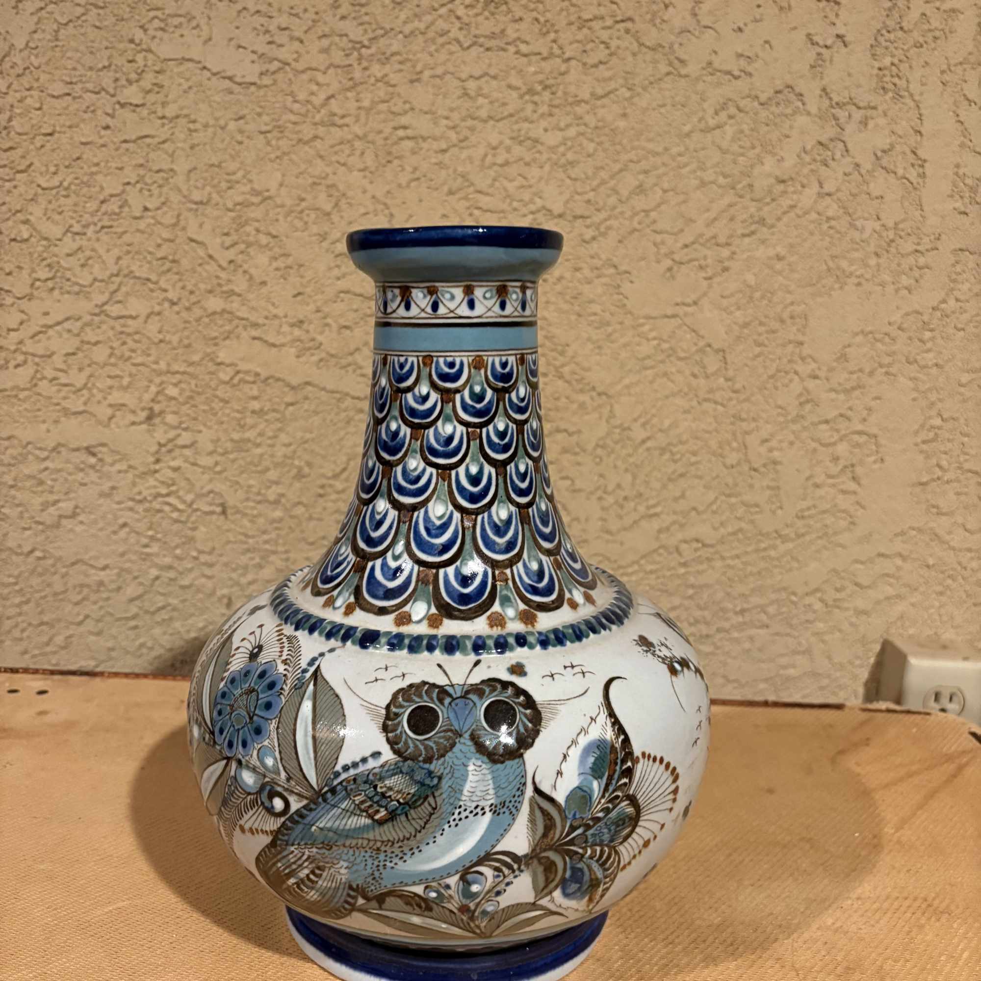 Signed Ken Edwards Pottery Vase with Blue Horned Owl Design, El Palomar