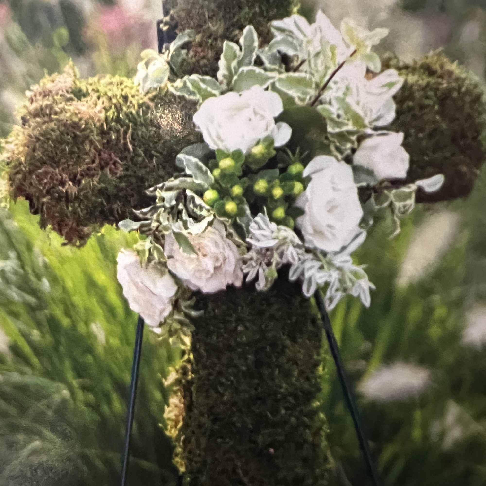 White floral cluster on a moss-covered cross