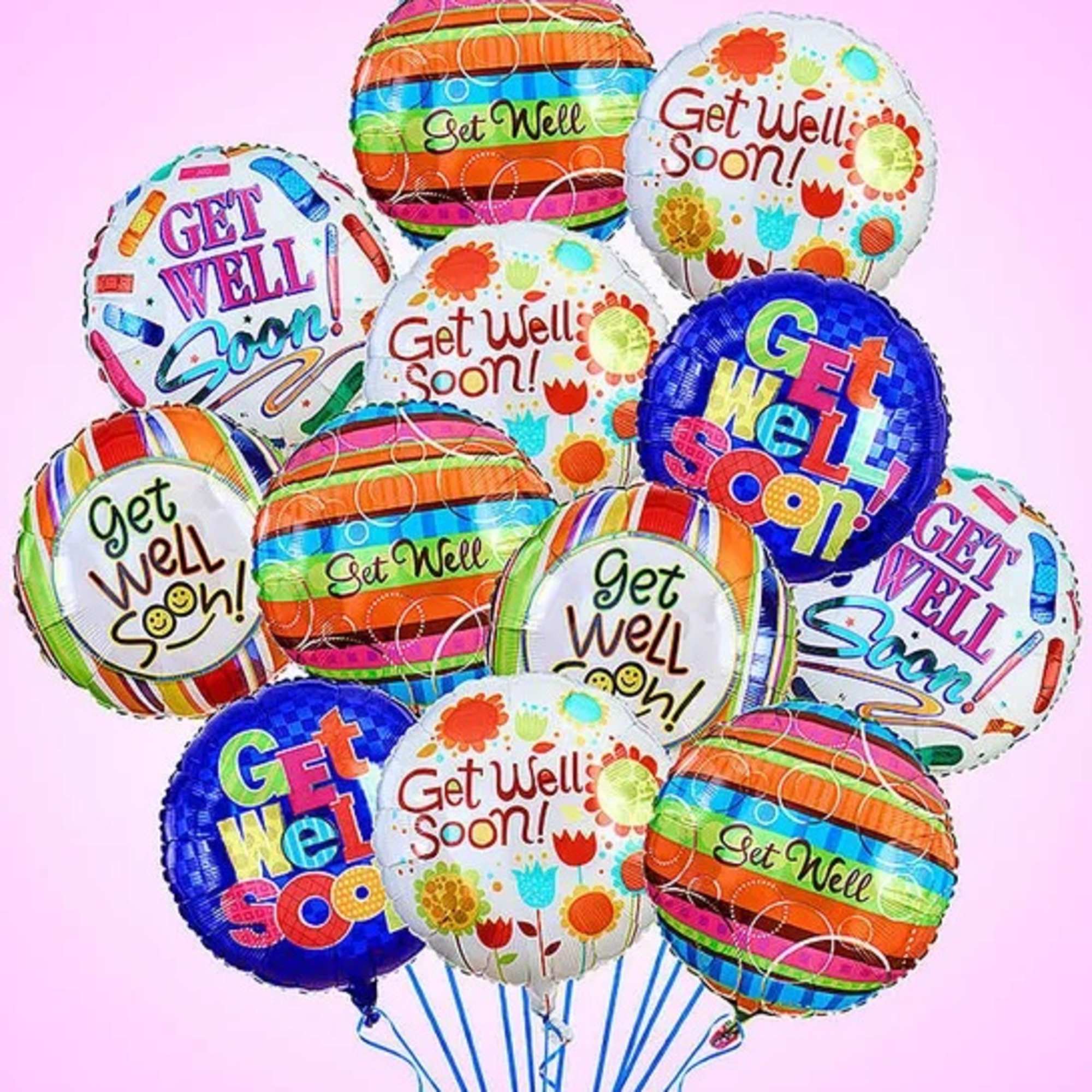 Cluster of colorful round 'Get Well Soon' mylar balloons with blue ribbons