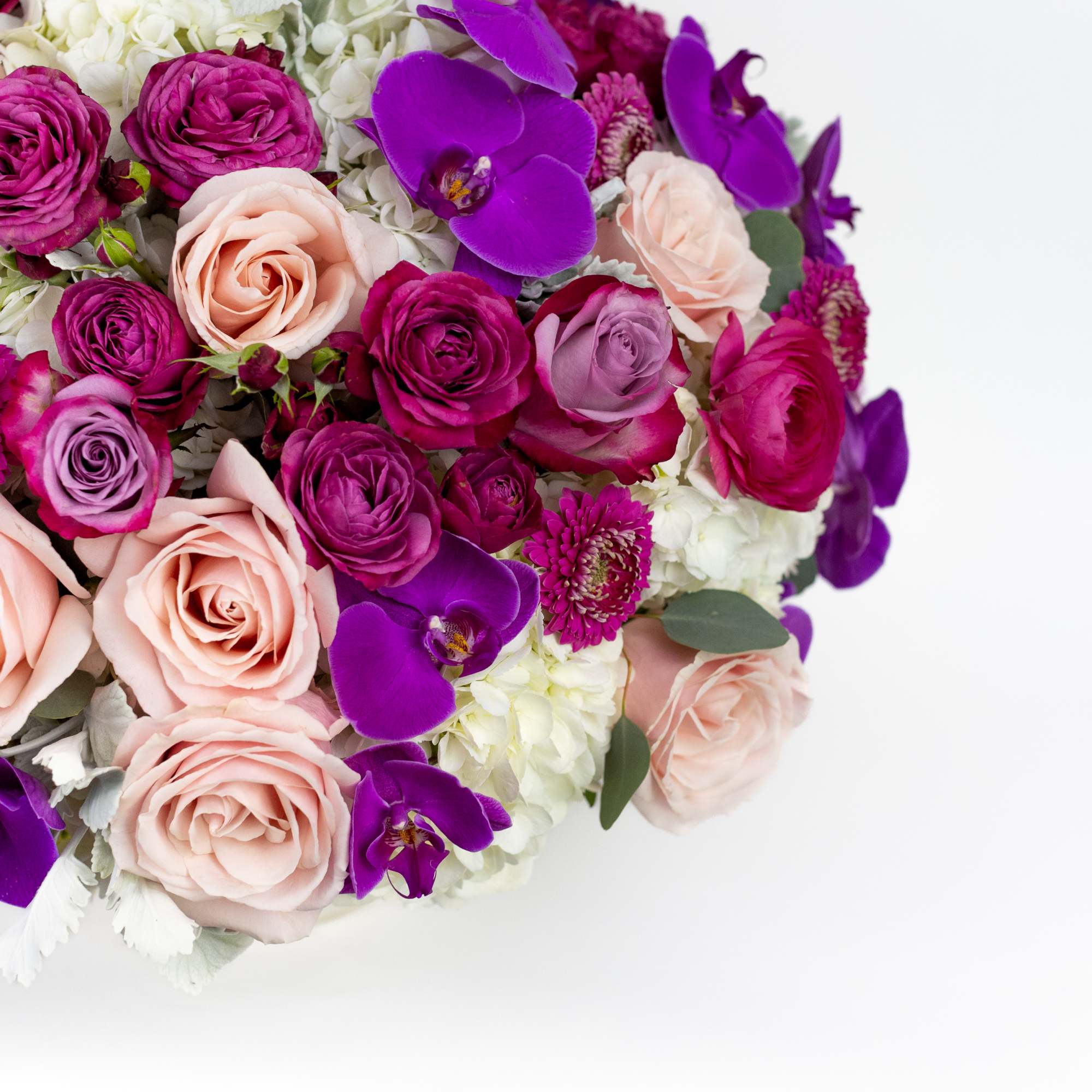 Bouquet of pink and purple roses with white flowers